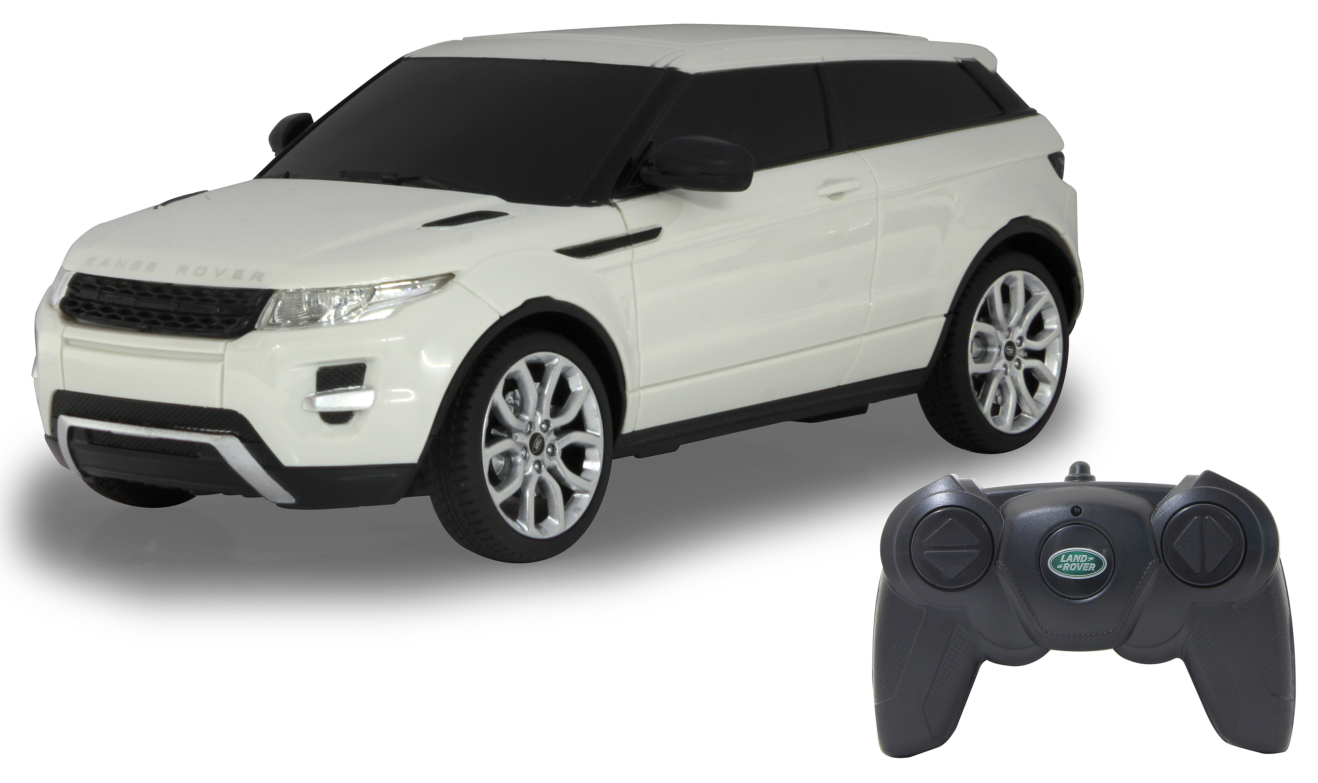 White Range Rover toy car with a remote control on the right side against a white background.