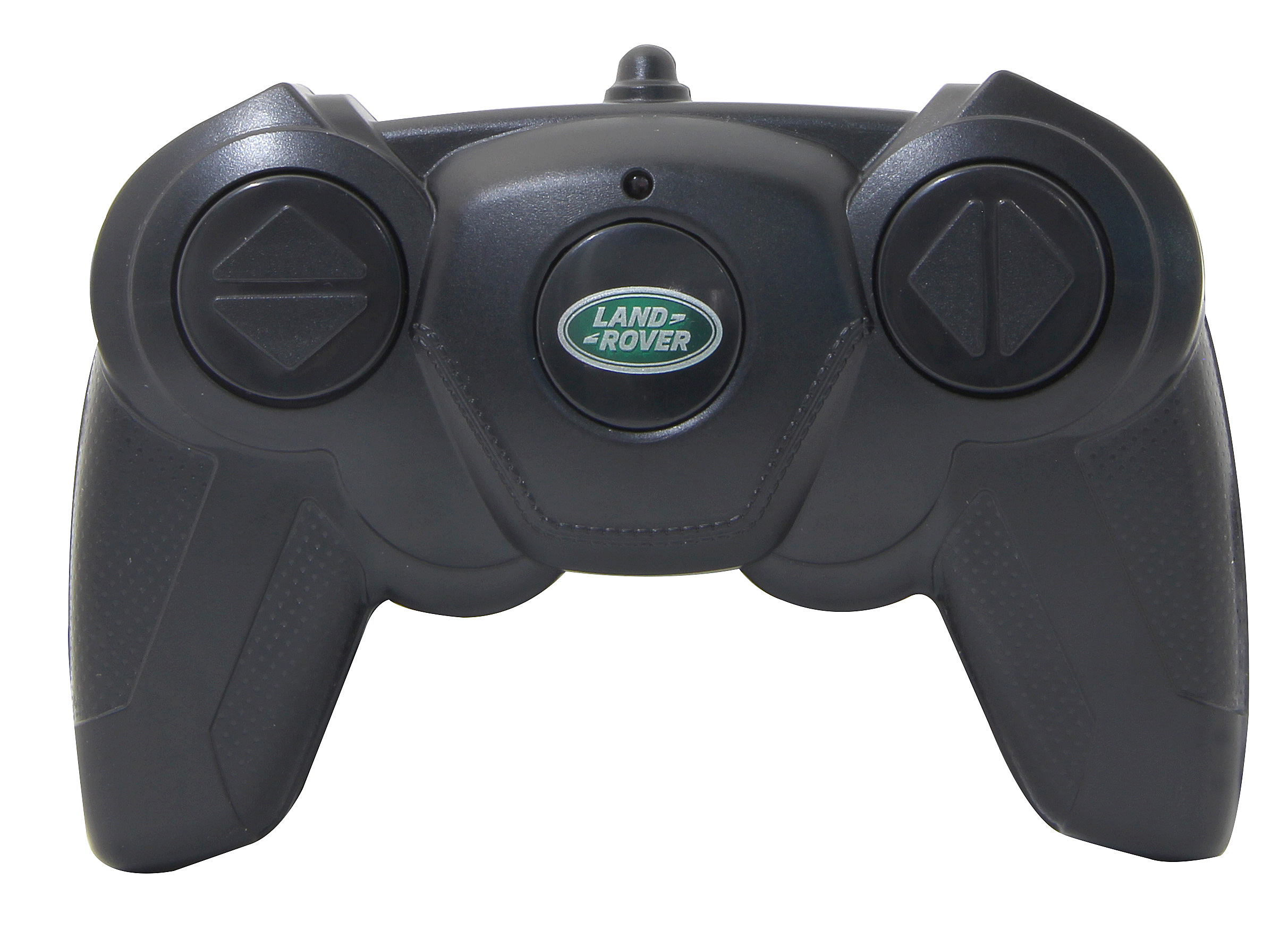 A black Land Rover remote control with a logo in the center.