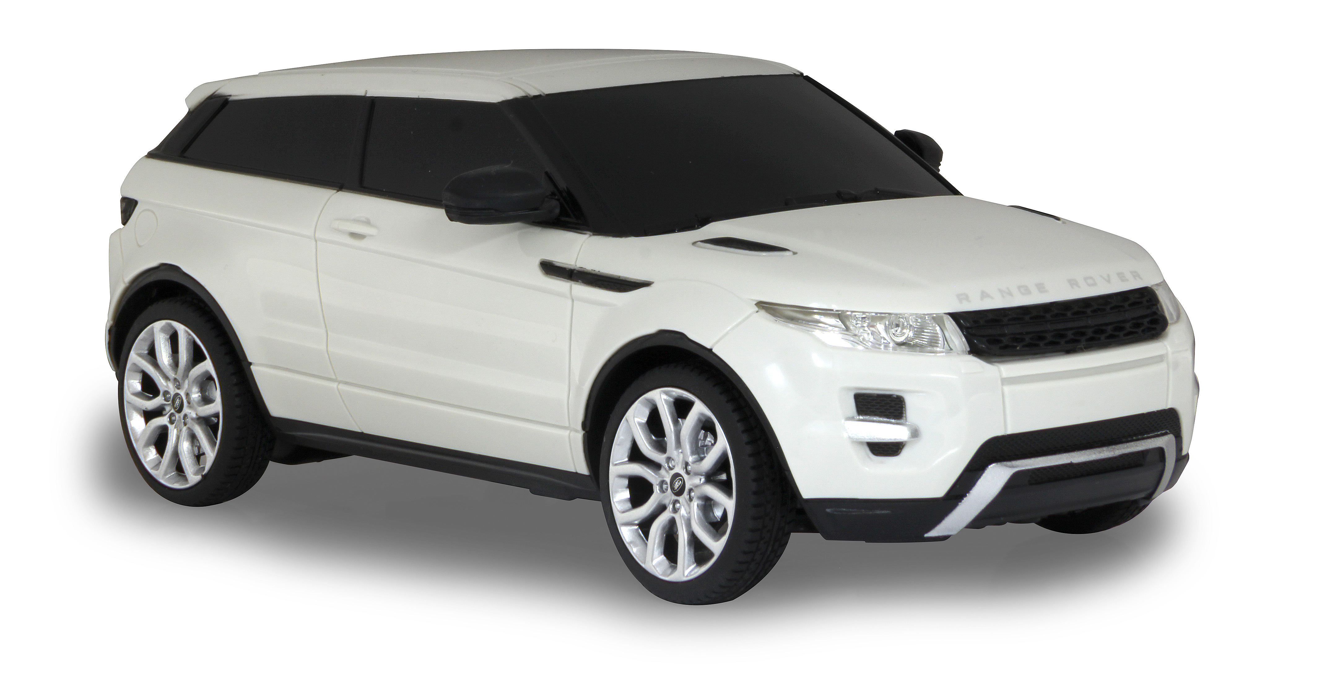 A white Range Rover toy car, side view, on a white background, with black windows and silver wheels.