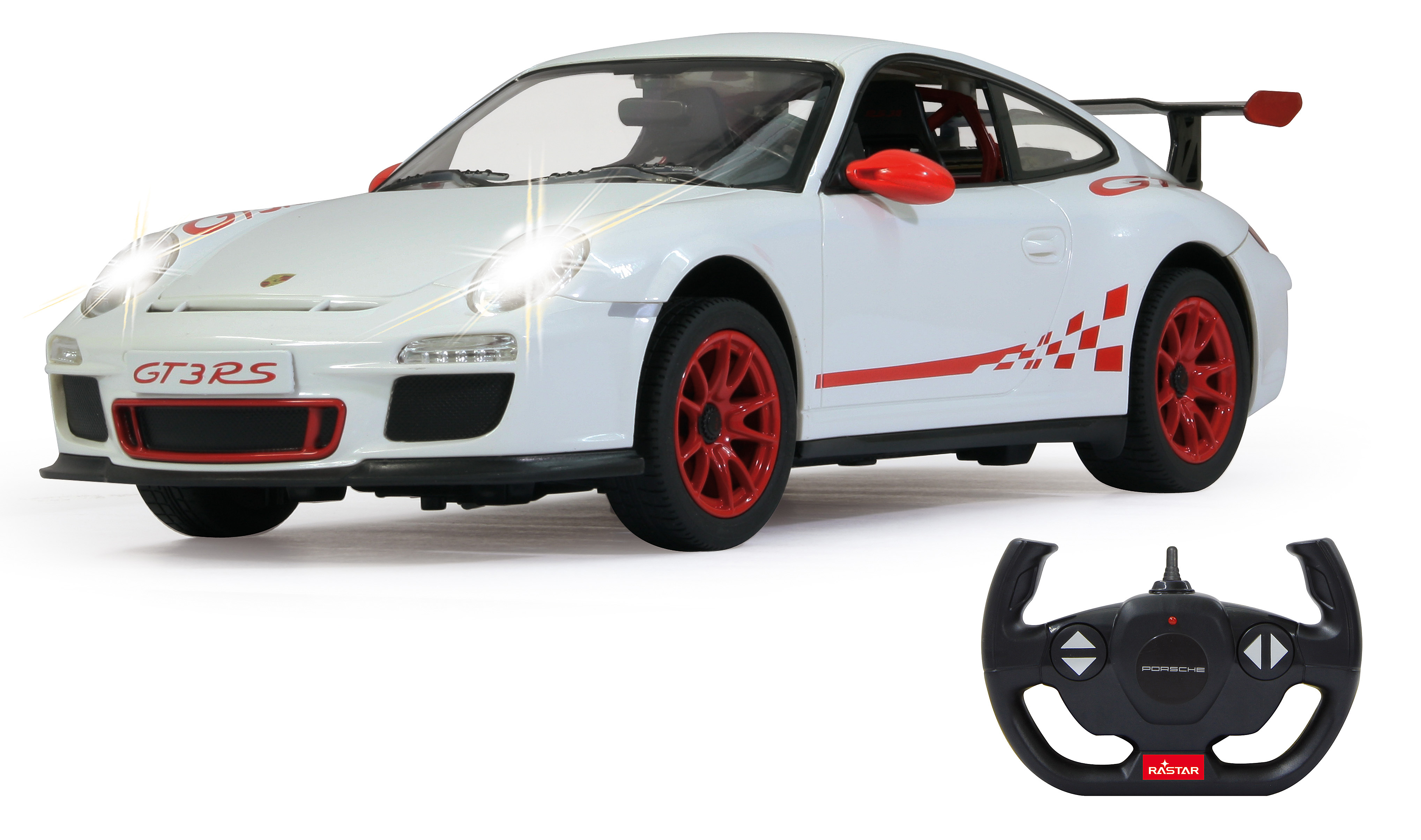 Biały model samochodu Porsche GT3 RS z czerwonymi akcentami i kołami. Obok samochodu znajduje się pilot.