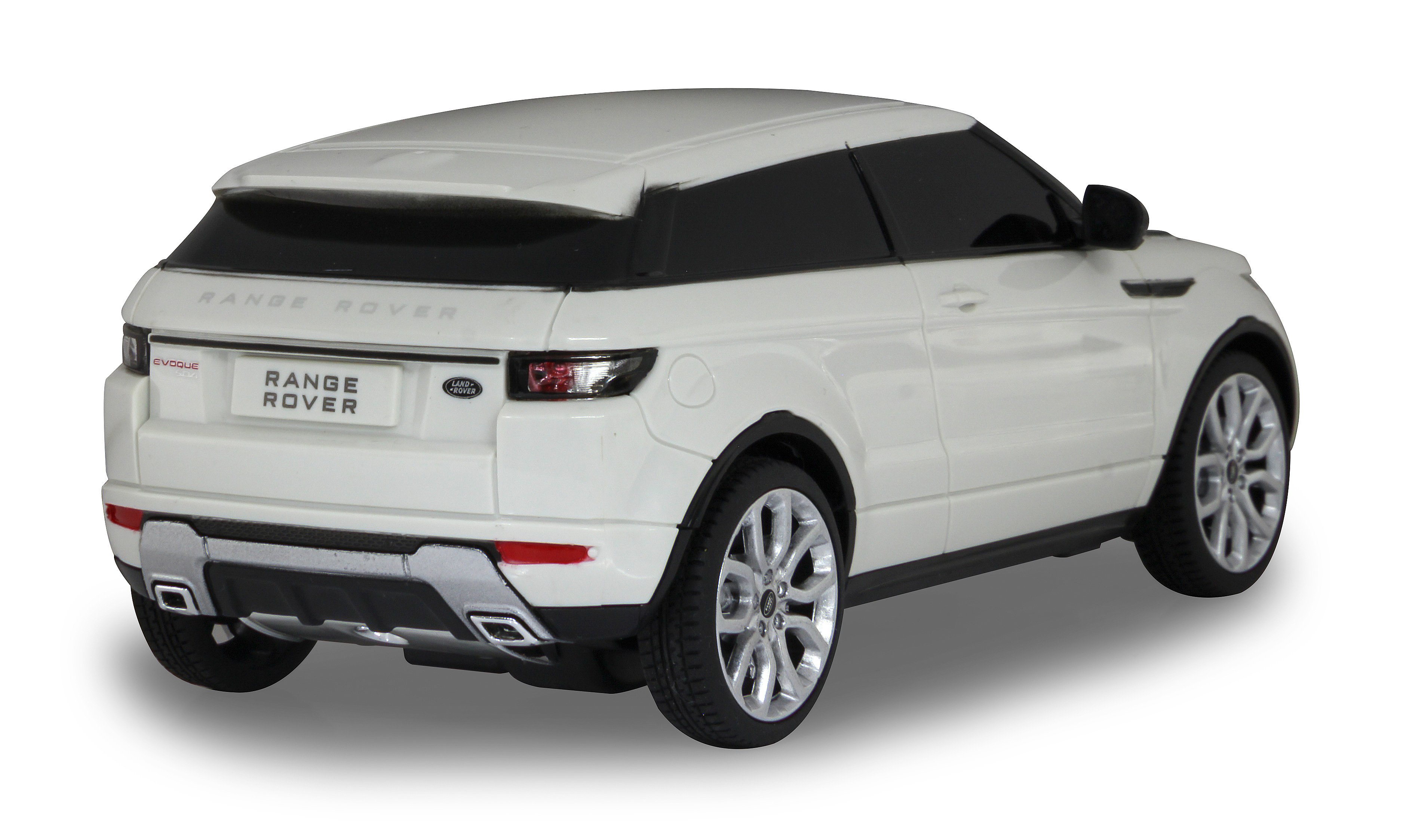 White Range Rover toy car, rear view, on a white background. Black windows and silver accents.