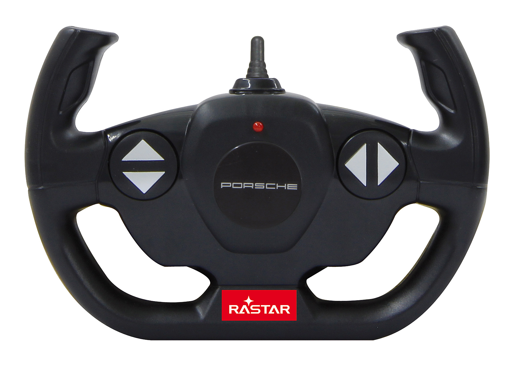 Czarny pilot marki Porsche z przyciskami kierunkowymi, na białym tle.