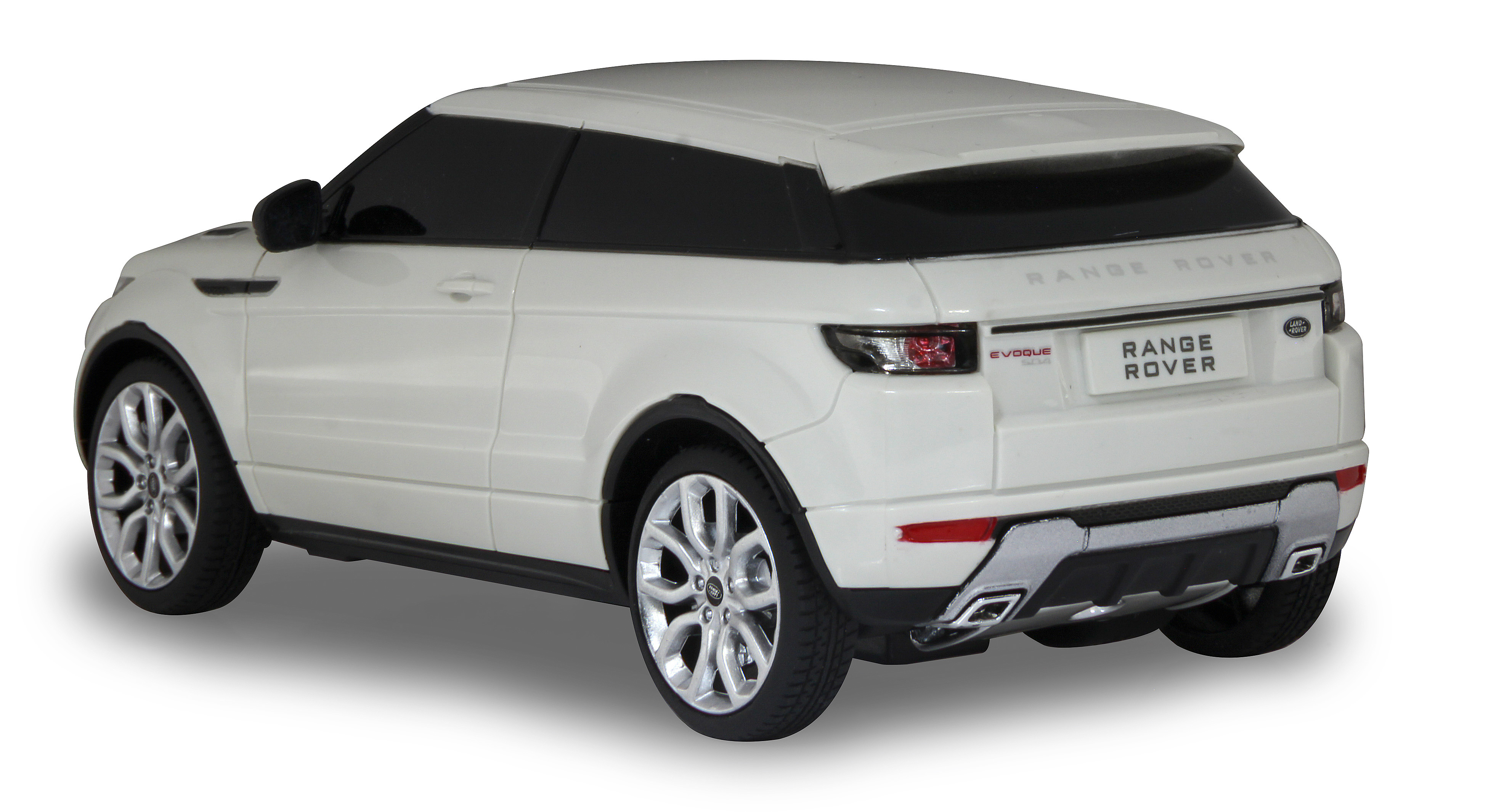 White Range Rover toy car, rear view, against a white background.