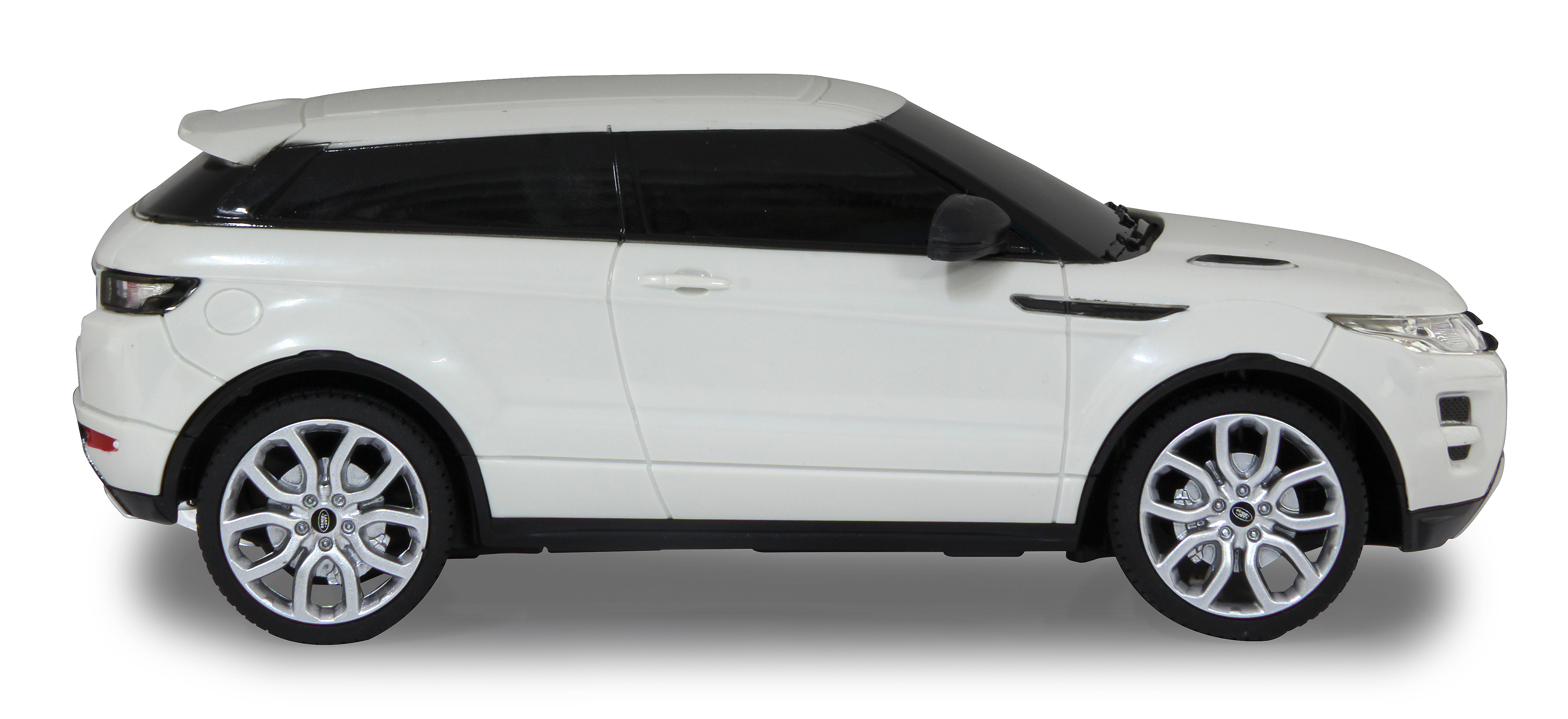 White Range Rover toy car, side view, on a white background, with black windows and silver wheels.
