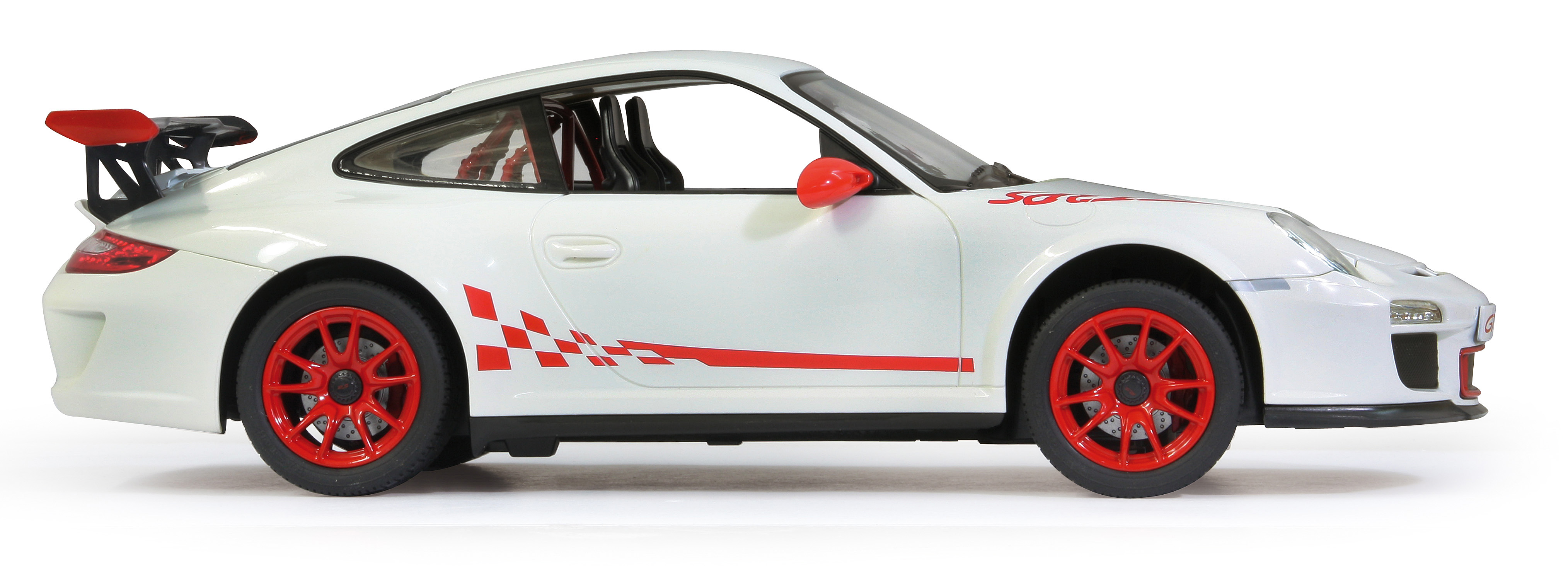 Biały samochód zabawka Porsche GT3 RS z czerwonymi akcentami, na białej powierzchni. Widok z boku.