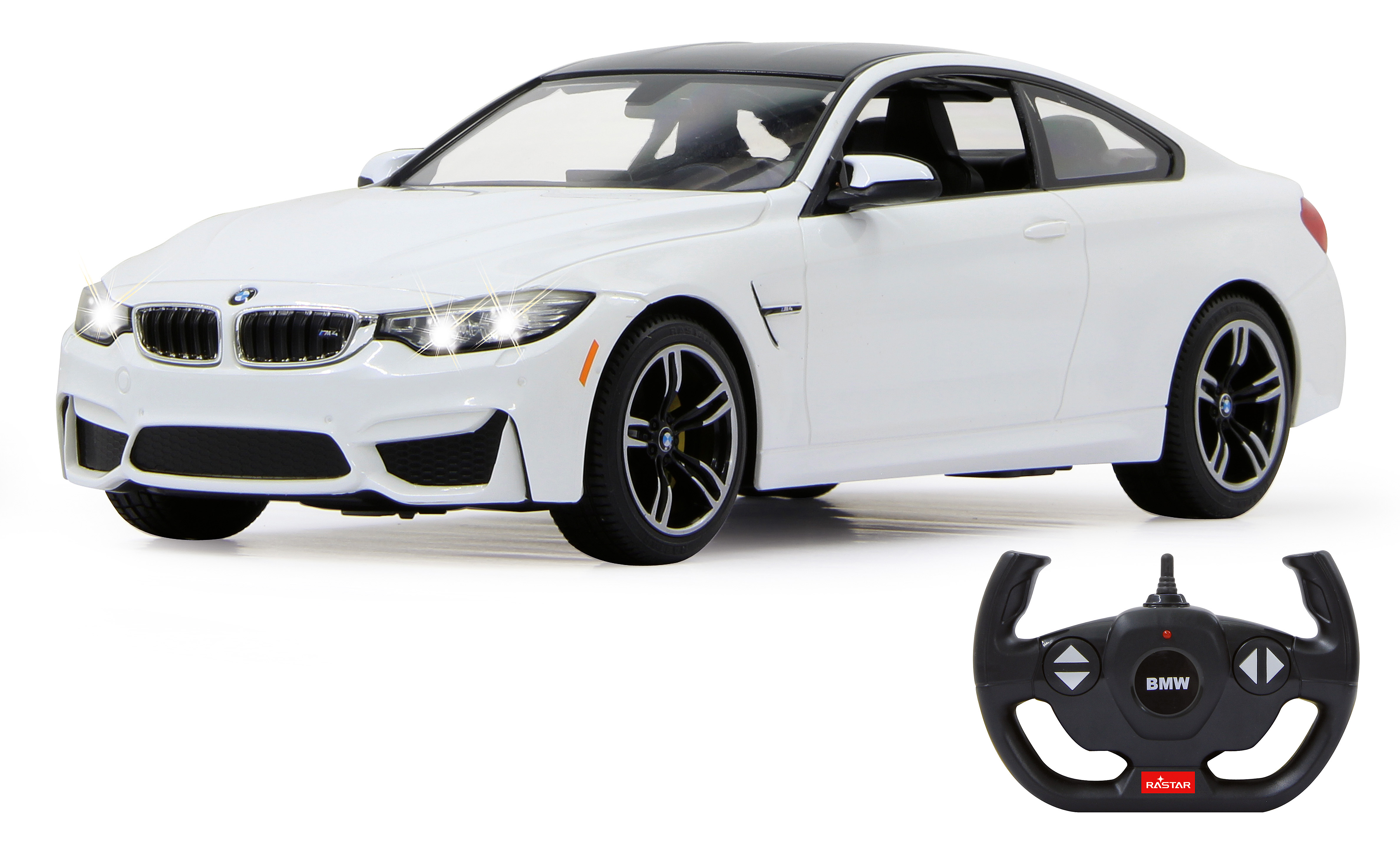 White BMW M4 Coupe car with a remote controller, white background.