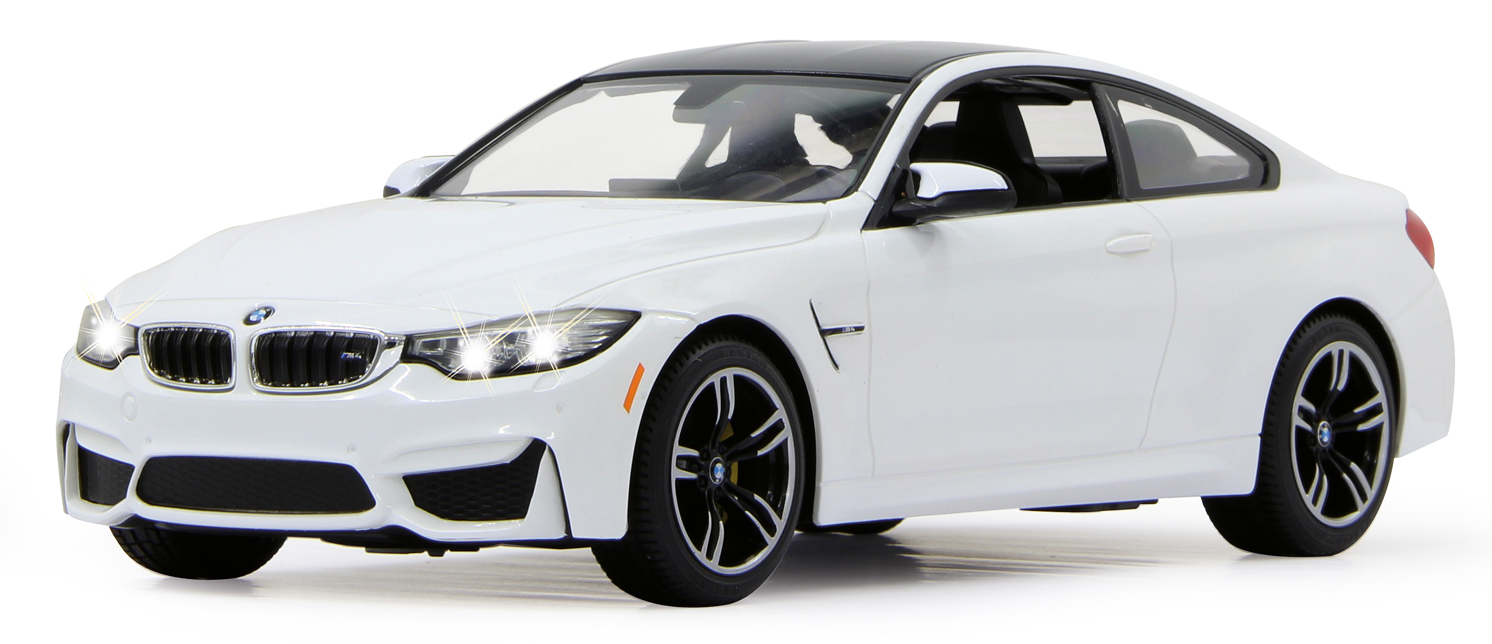 White BMW M4 Coupe car with lights on, black roof, and a white background.