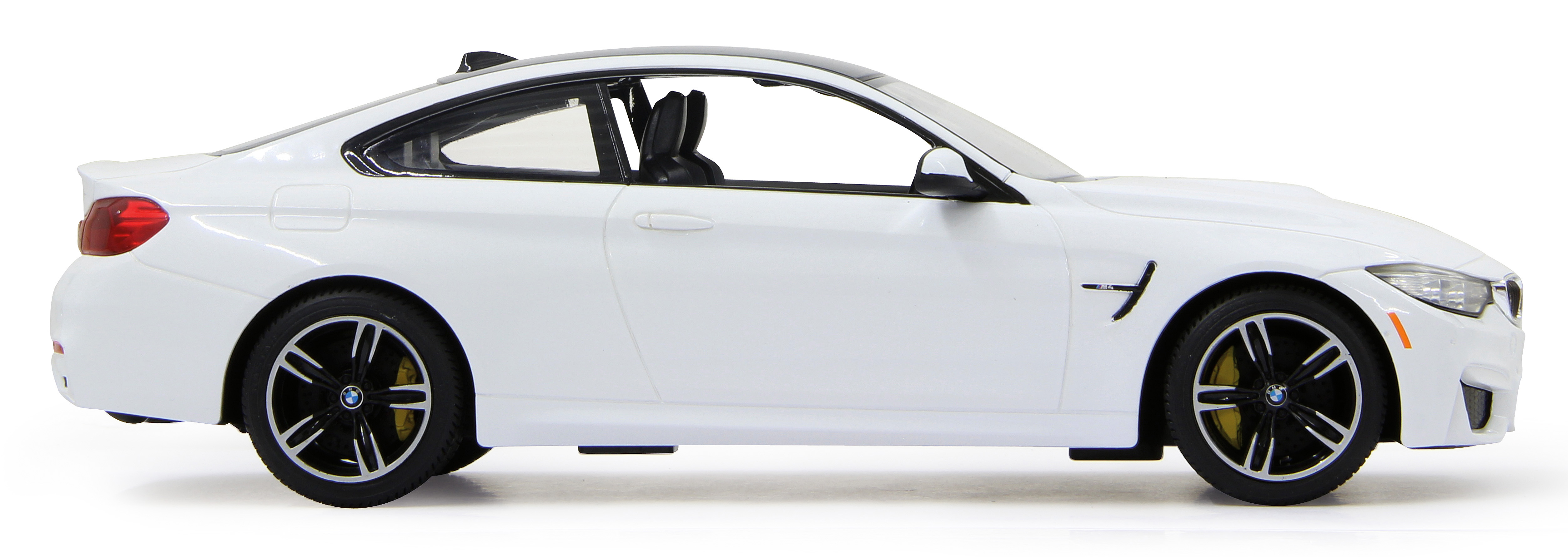 White BMW M4 Coupe car with black wheels, a black roof, and a white background.