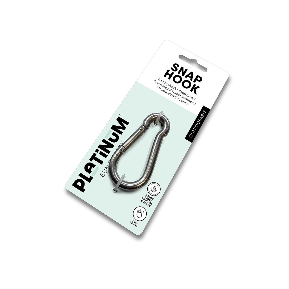 Un mousqueton sur une carte blanche avec le logo Platinum et des informations pour une utilisation en extérieur.