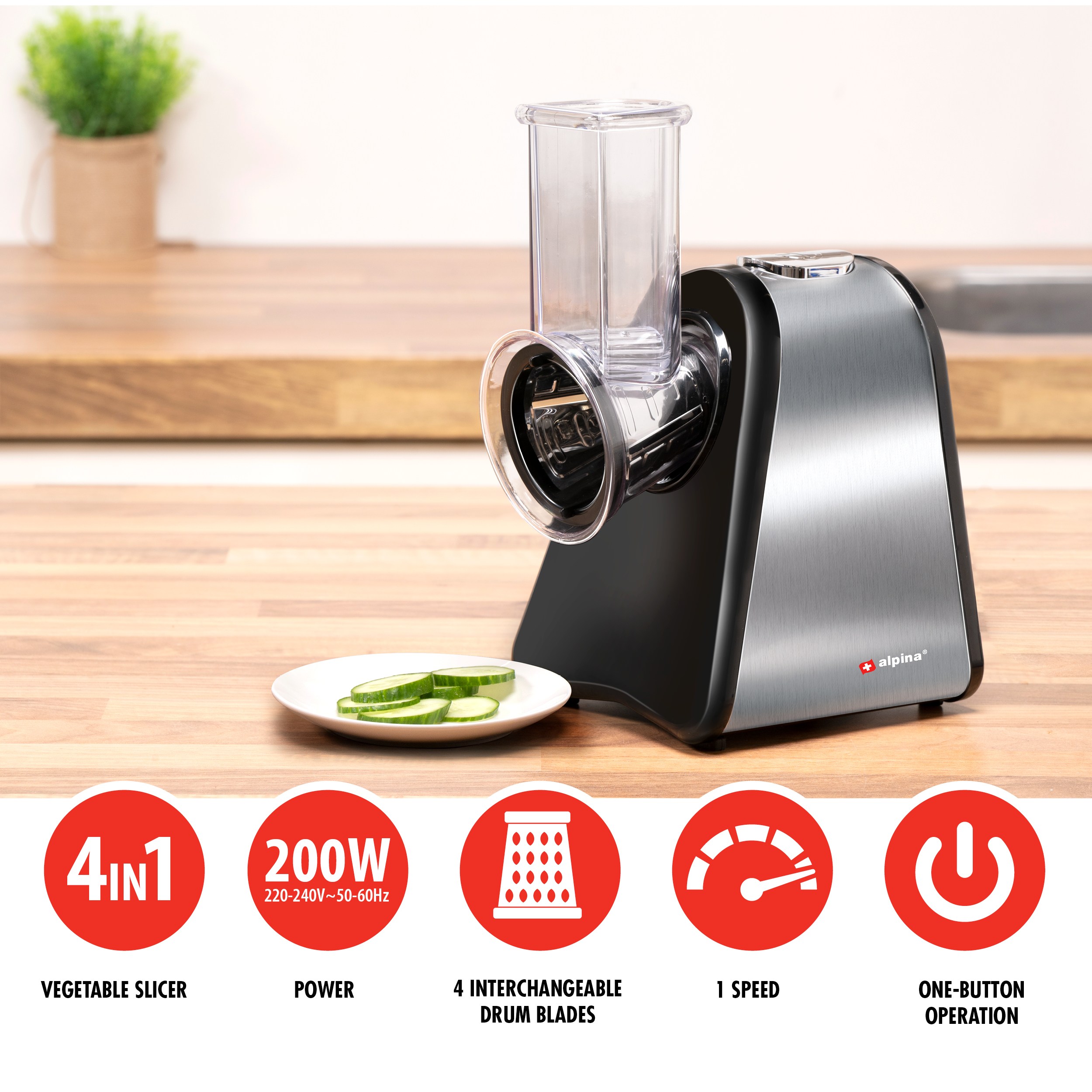 Vegetable slicer on a wooden surface with sliced cucumbers, and product icons.