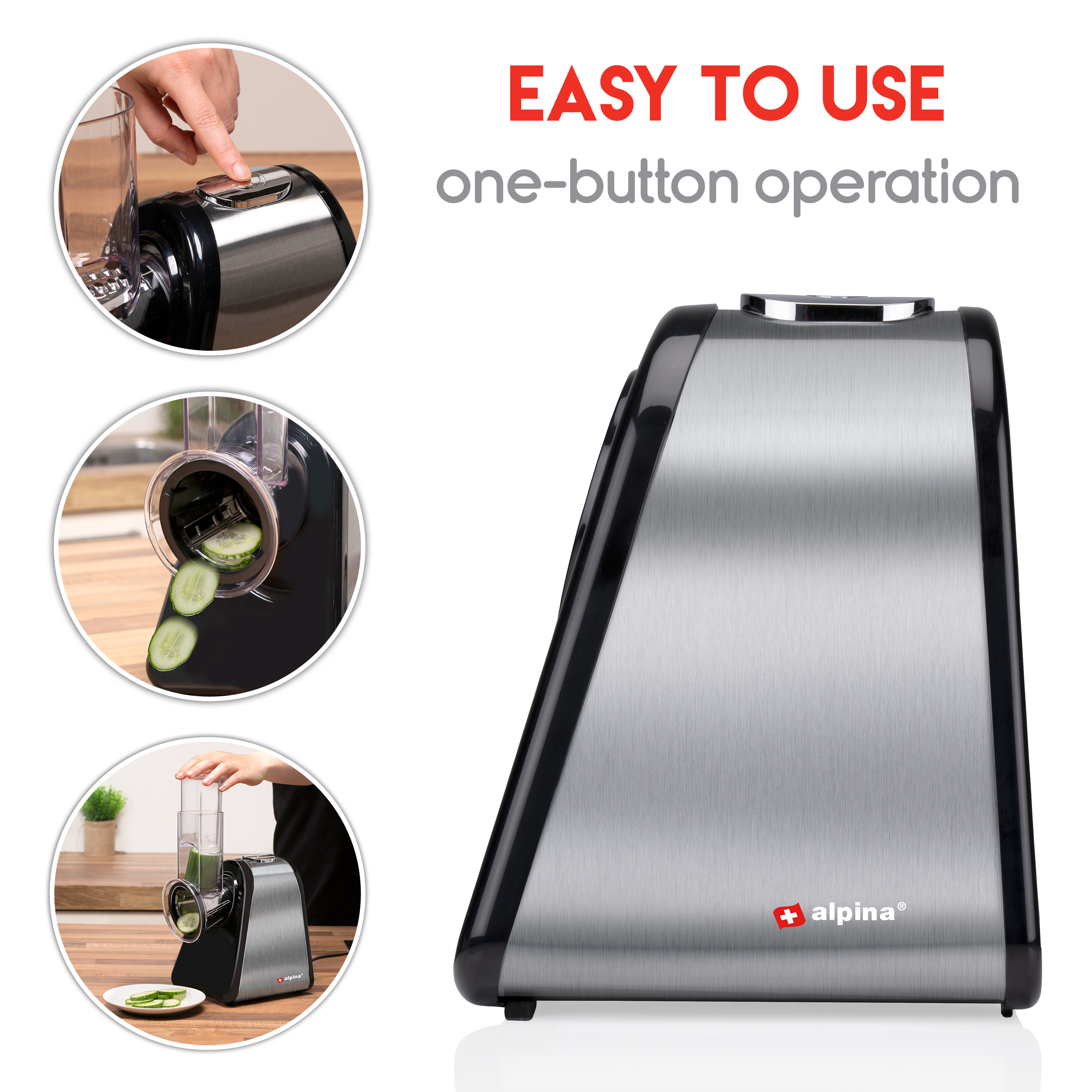 Food processor with images showing use. Text reads 'EASY TO USE one-button operation'.