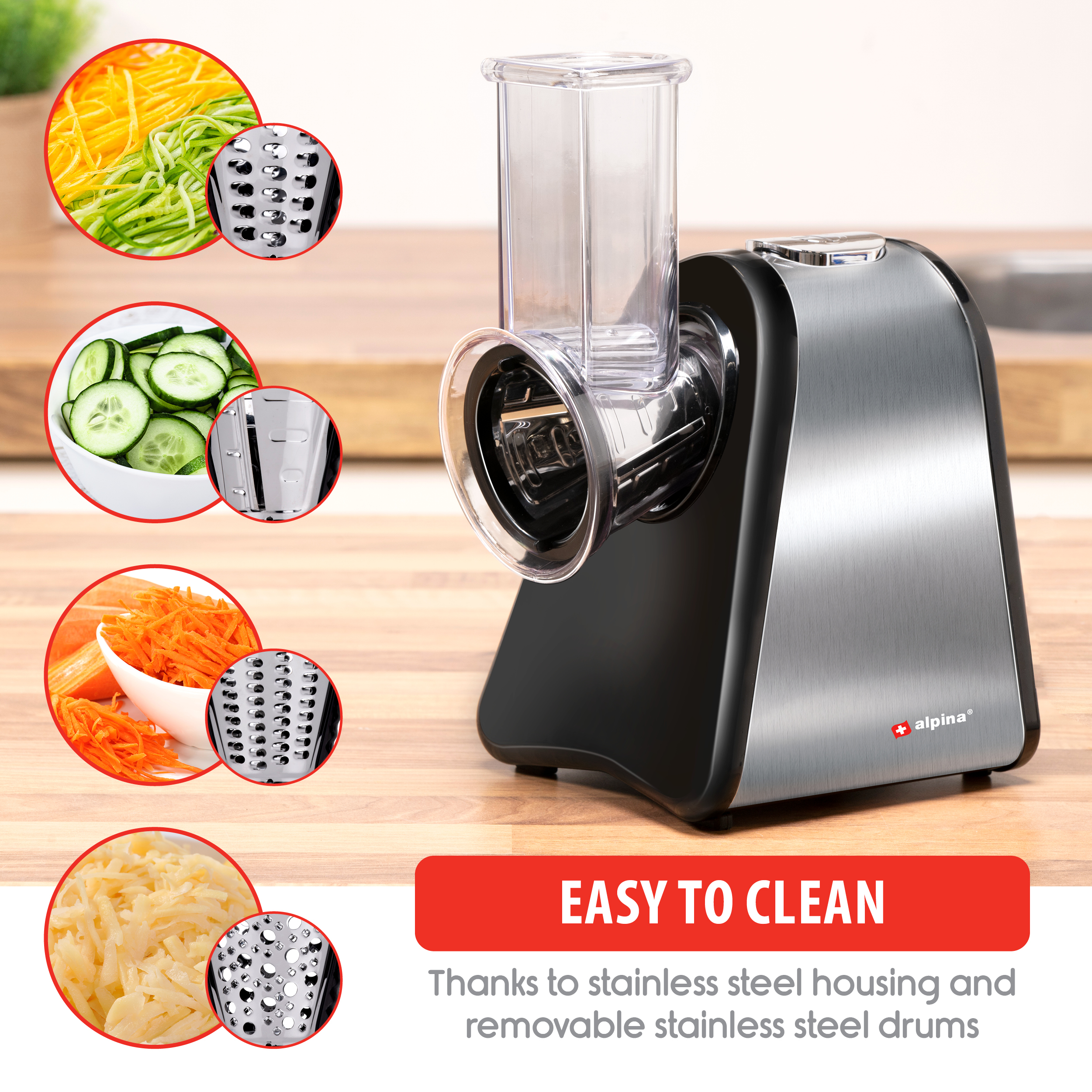 Food processor with cutting blades and food. Text reads 'EASY TO CLEAN'.