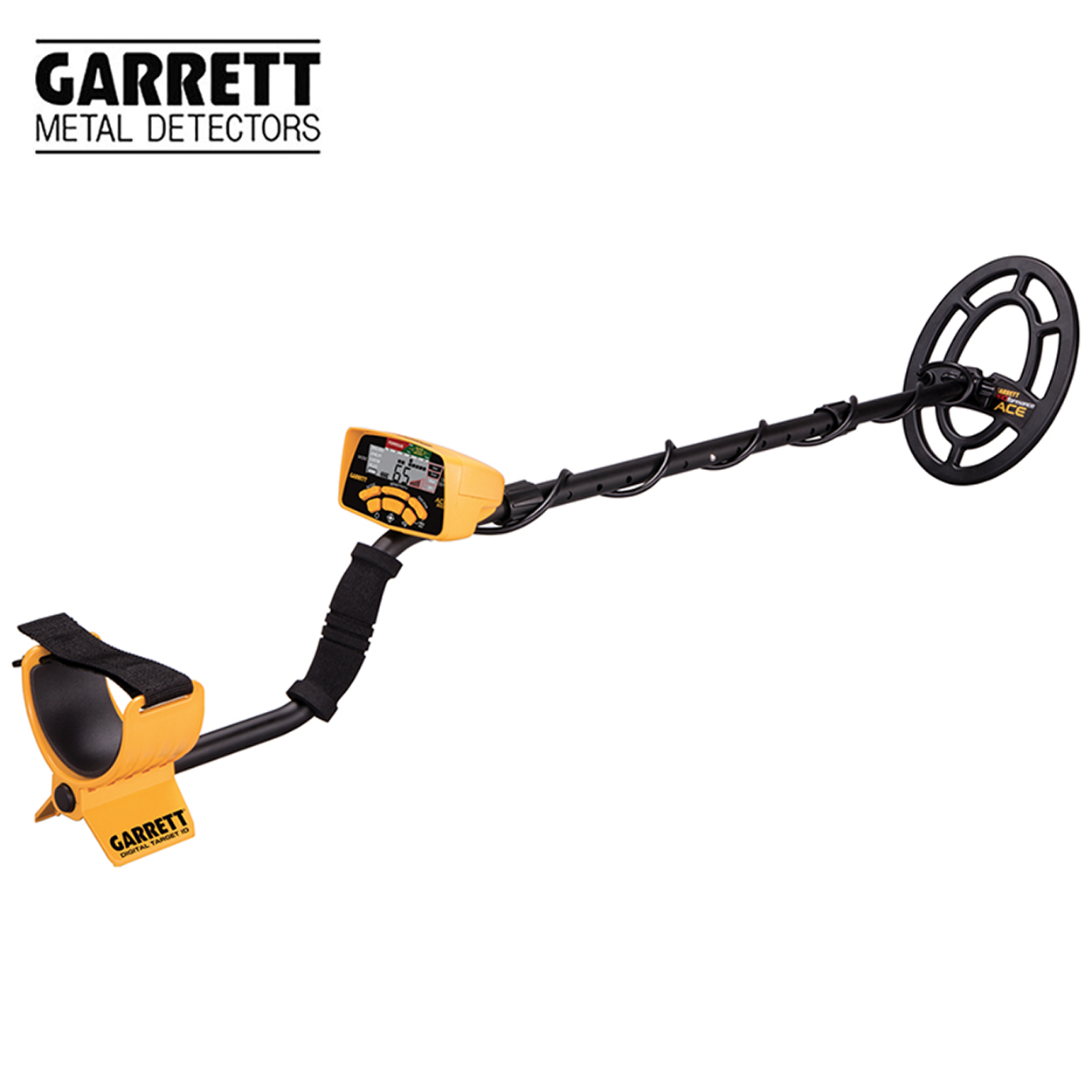 Metal detector Garrett con pannello di controllo giallo e bobina nera.