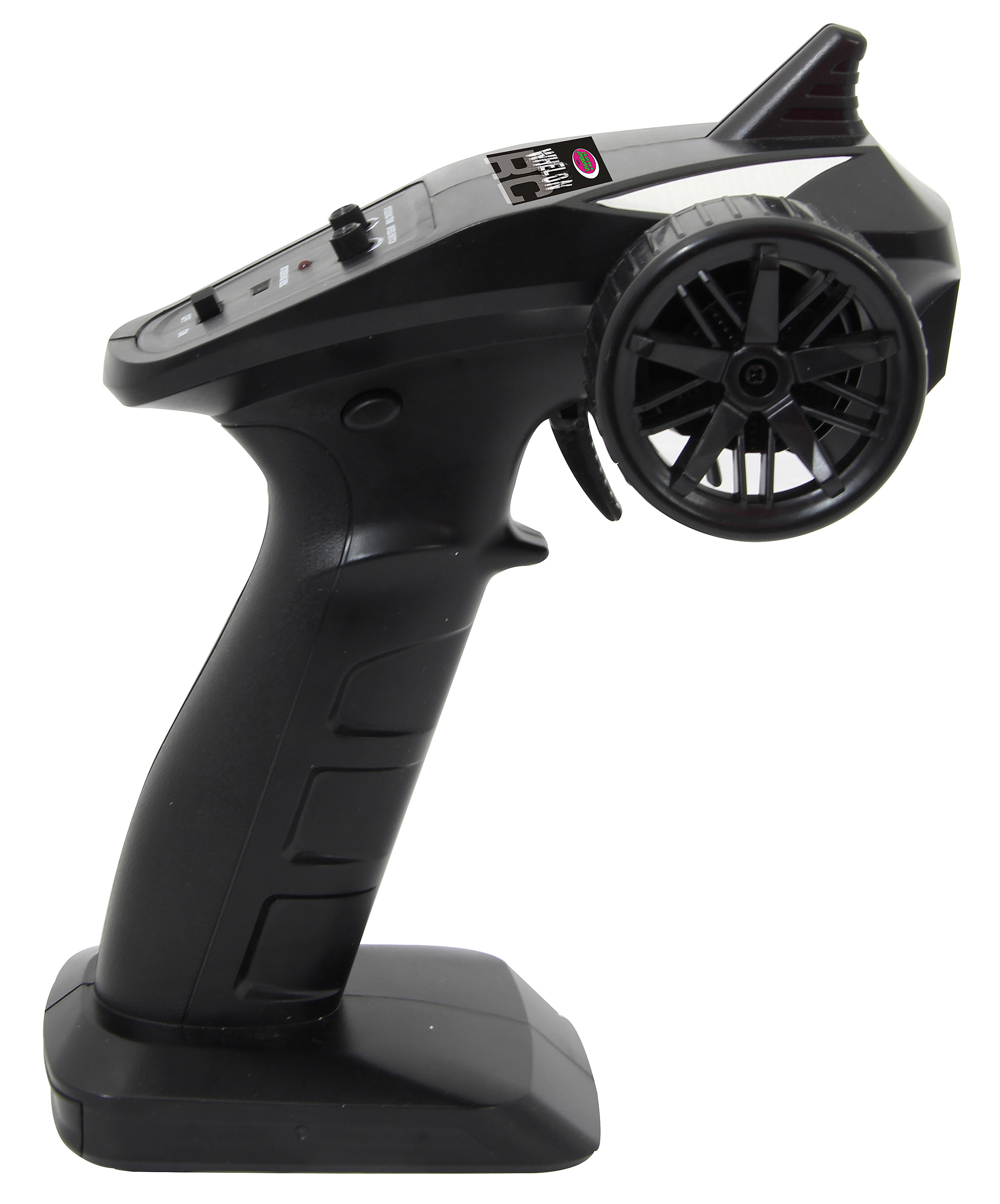 Schwarze Fernbedienung mit Rad und Knöpfen. Eine Fernbedienung für ein RC-Auto wird gezeigt.