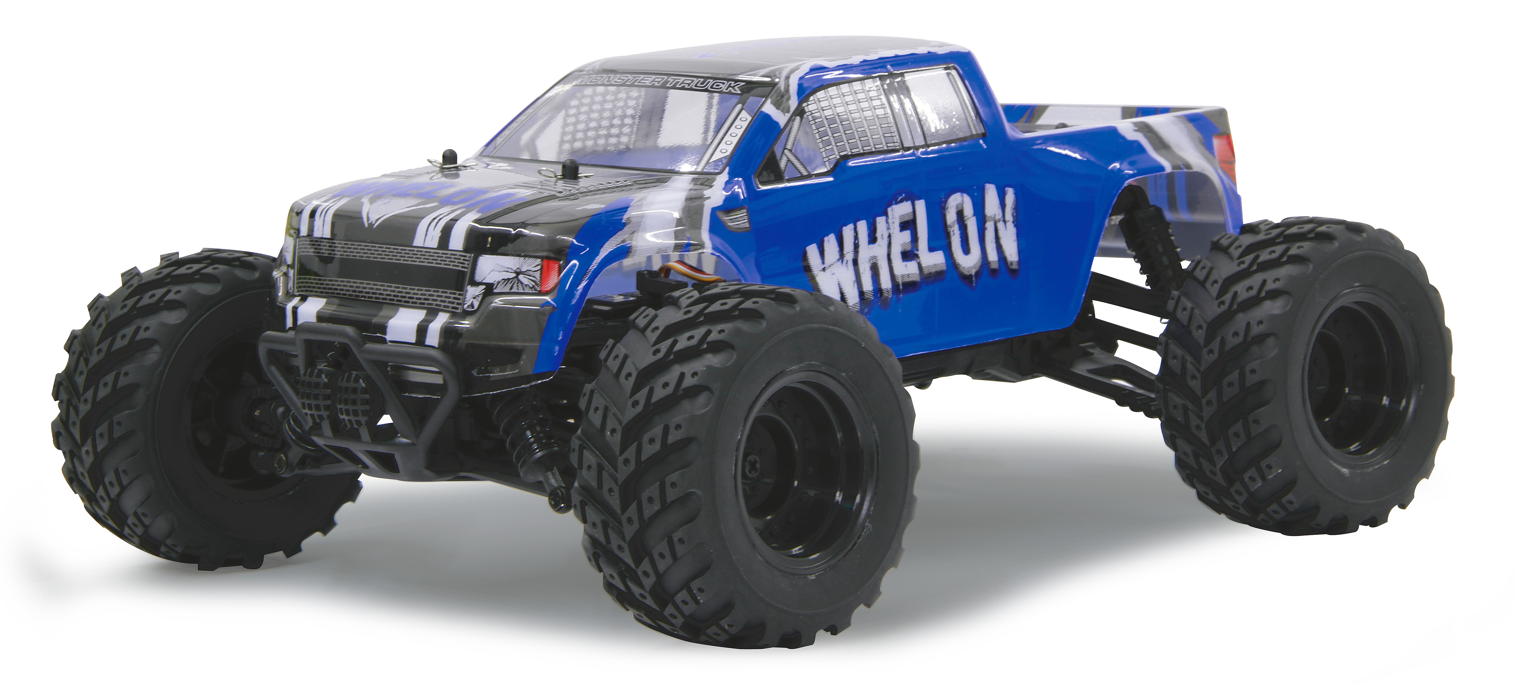Ein Spielzeugauto mit großen Reifen, blau und weiß, das Wort 'Whelon' auf der Seite.