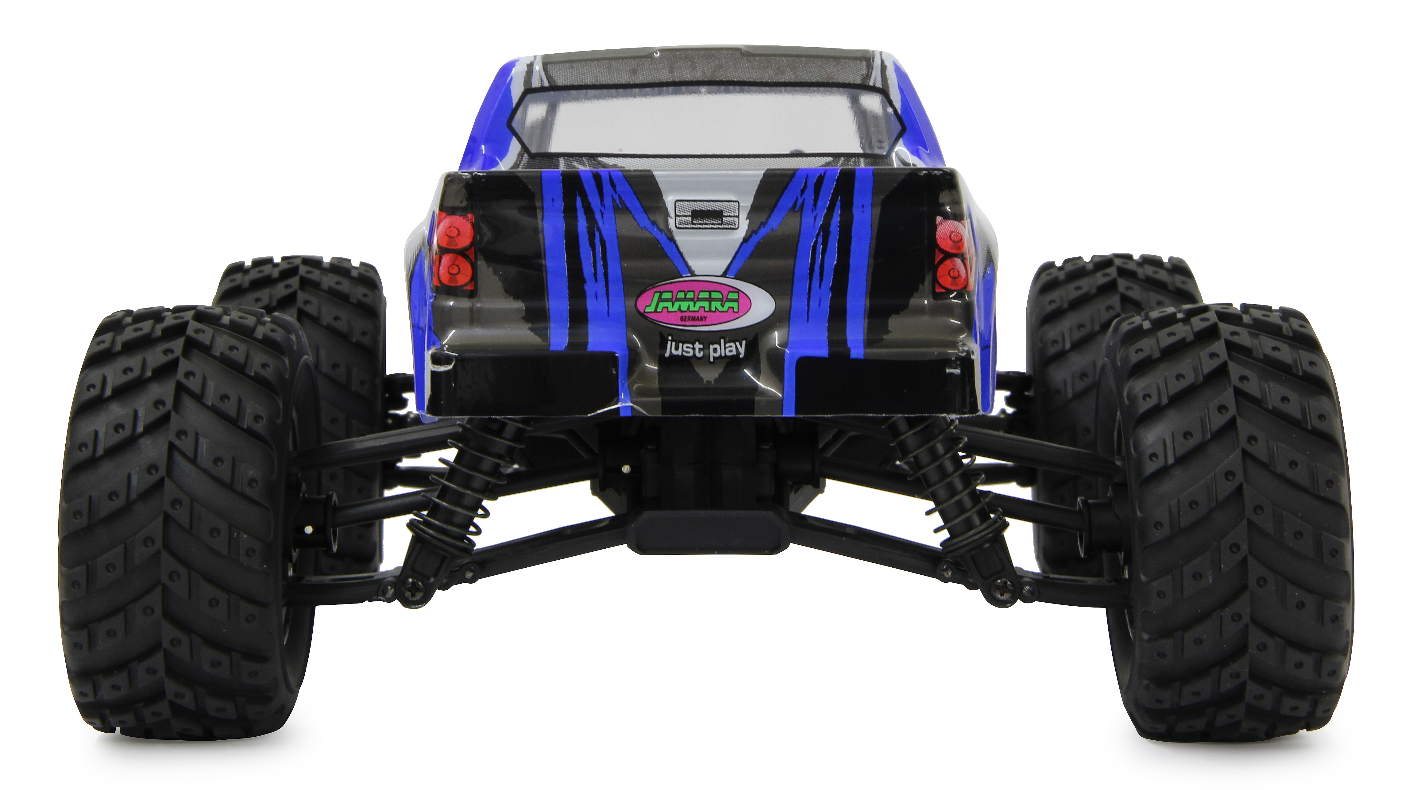 Rückansicht eines blau-schwarzen RC-Monstertrucks auf Weiß. Große Reifen und Federung sichtbar.