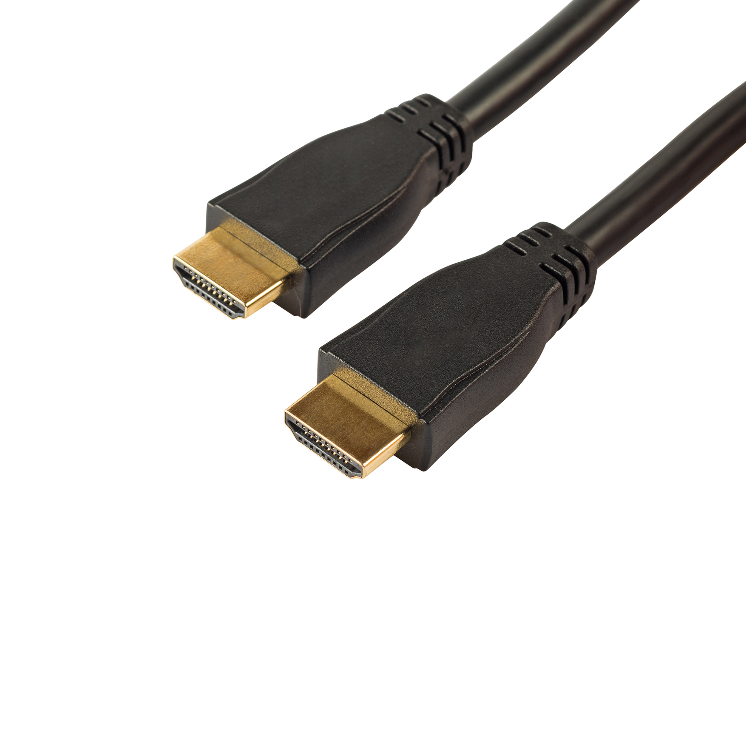 Deux câbles HDMI noirs avec connecteurs dorés sur fond blanc, en angle.