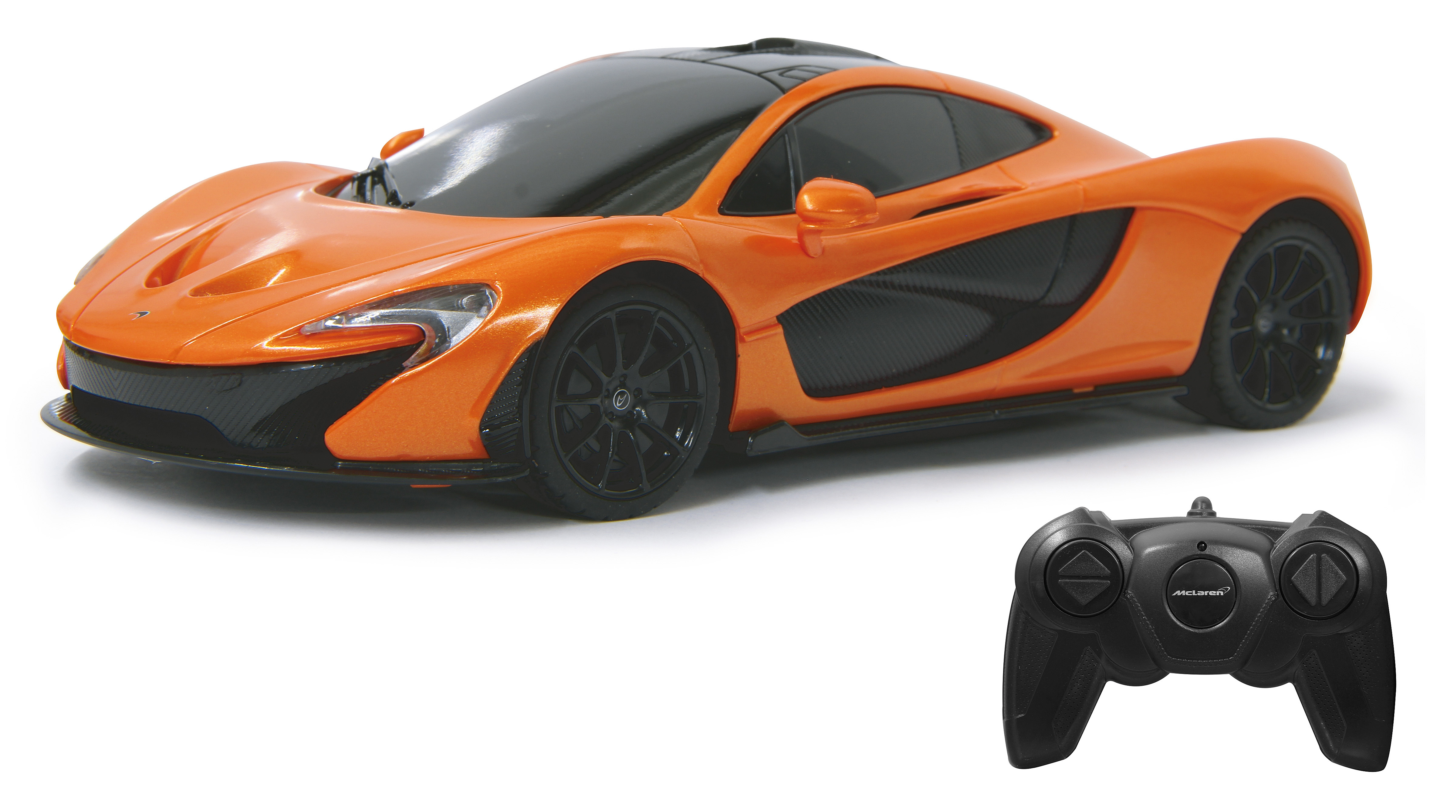 Ein orangefarbener McLaren P1-Sportwagen mit schwarzem Dach und einer schwarzen Fernbedienung auf weißem Hintergrund.