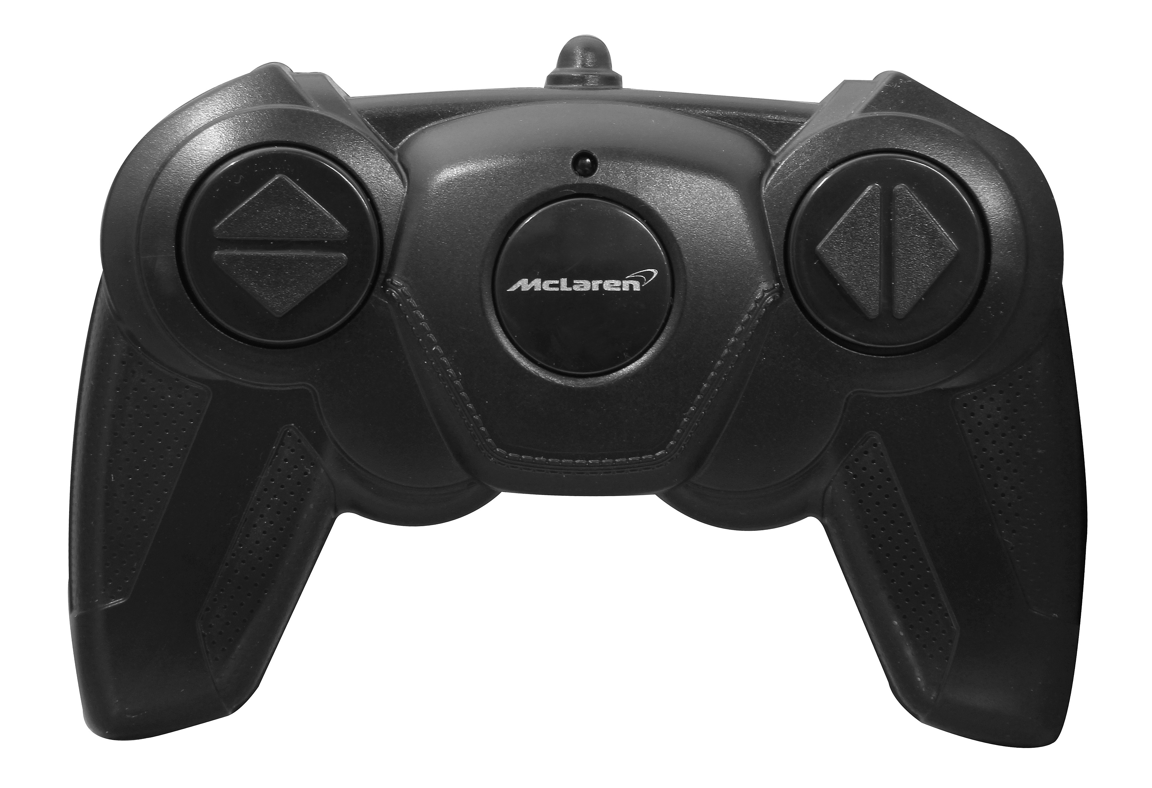Schwarze McLaren-Fernbedienung. Sie hat Knöpfe und das McLaren-Logo in der Mitte.