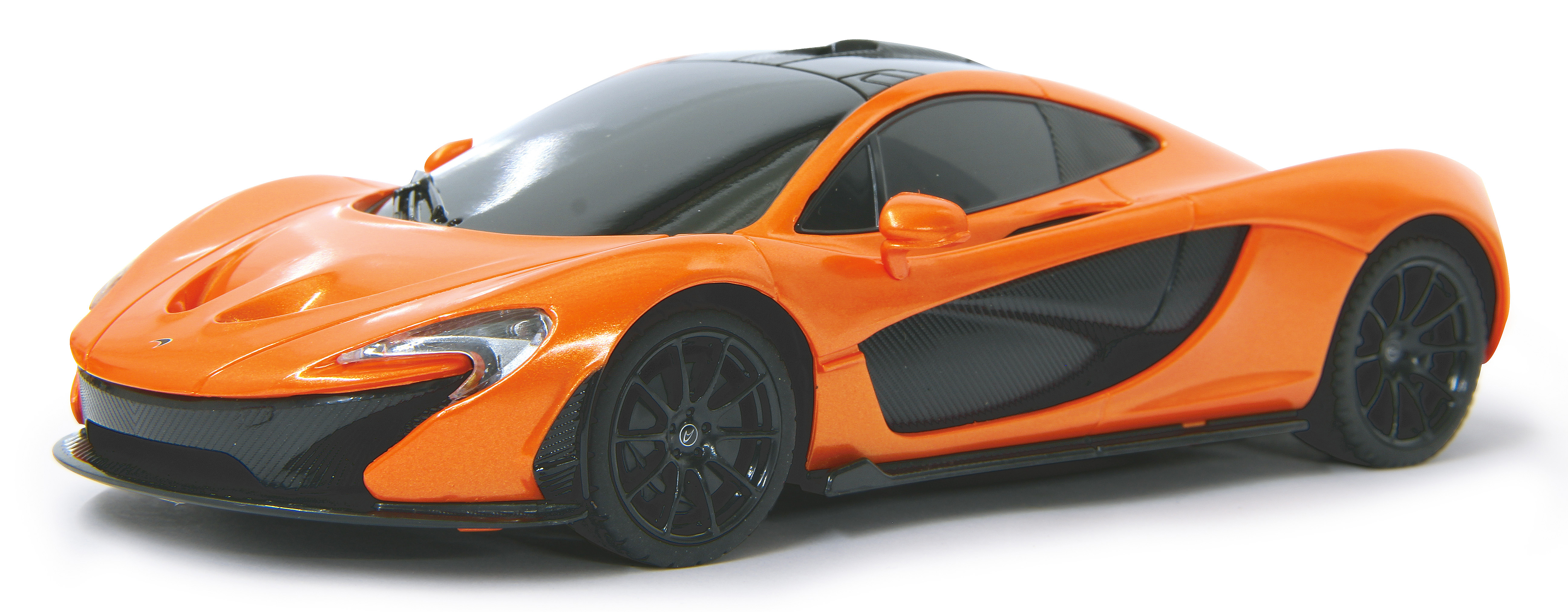 Ein orangefarbener McLaren P1-Sportwagen auf weißem Hintergrund mit schwarzen Akzenten und Rädern.