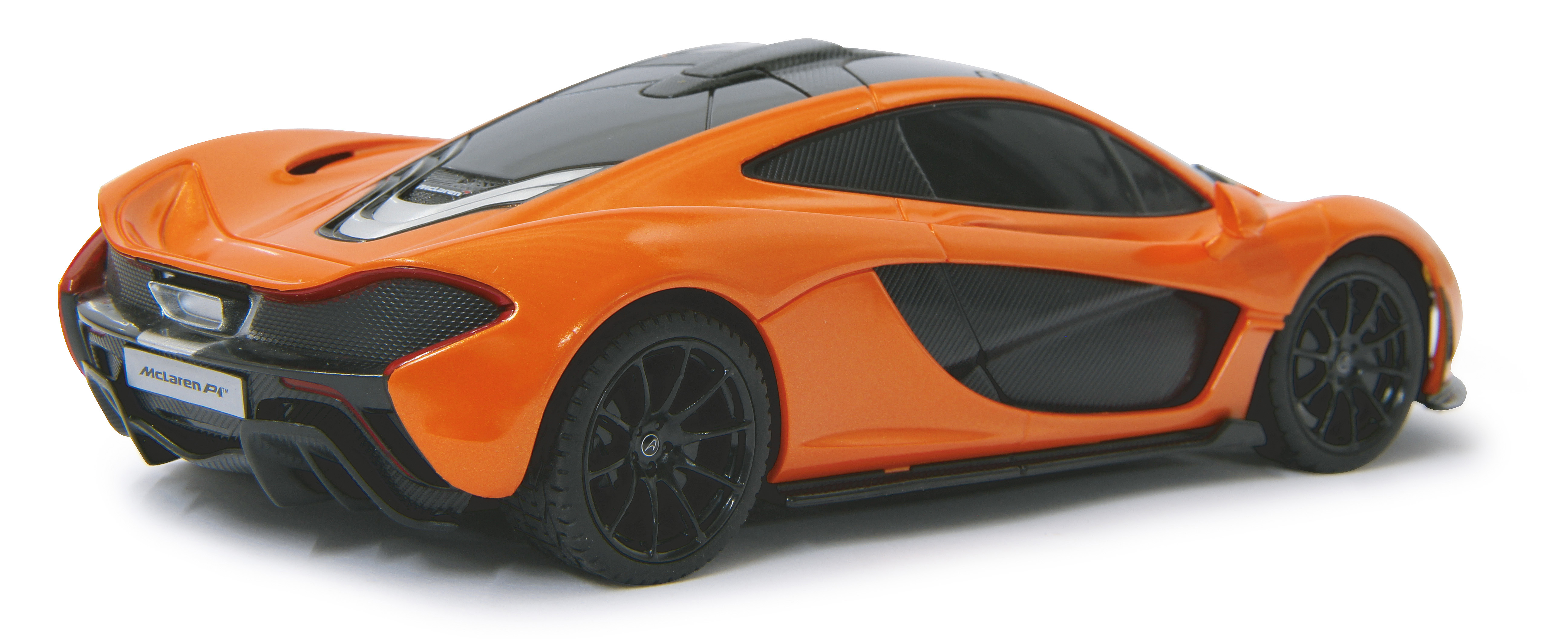 Das Heck eines orangenen McLaren P1 mit schwarzen Rädern und Details. Es hat einen weißen Hintergrund.
