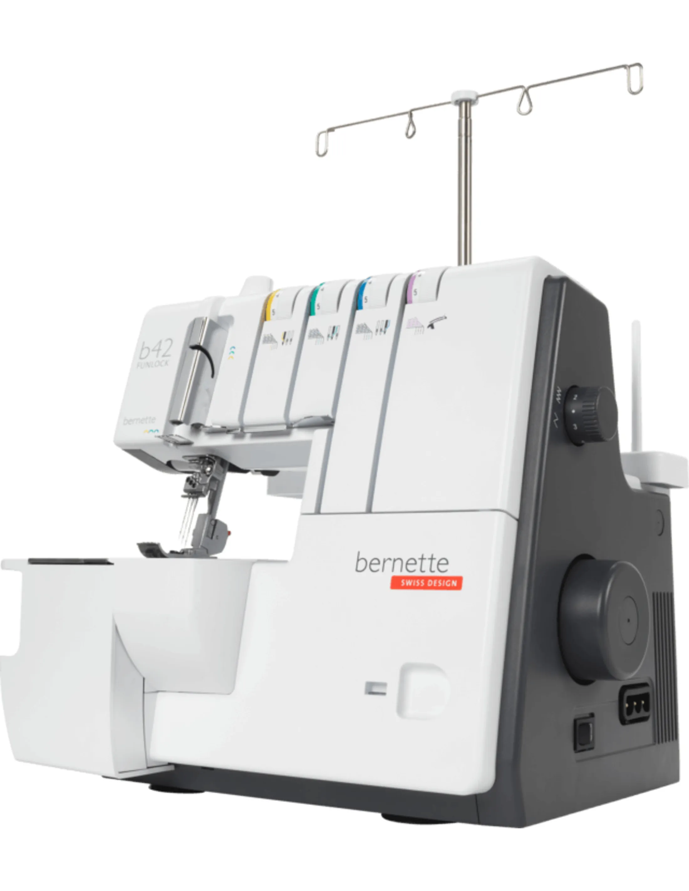 White and gray Bernette serger. It has several colored thread guides and a needle.
