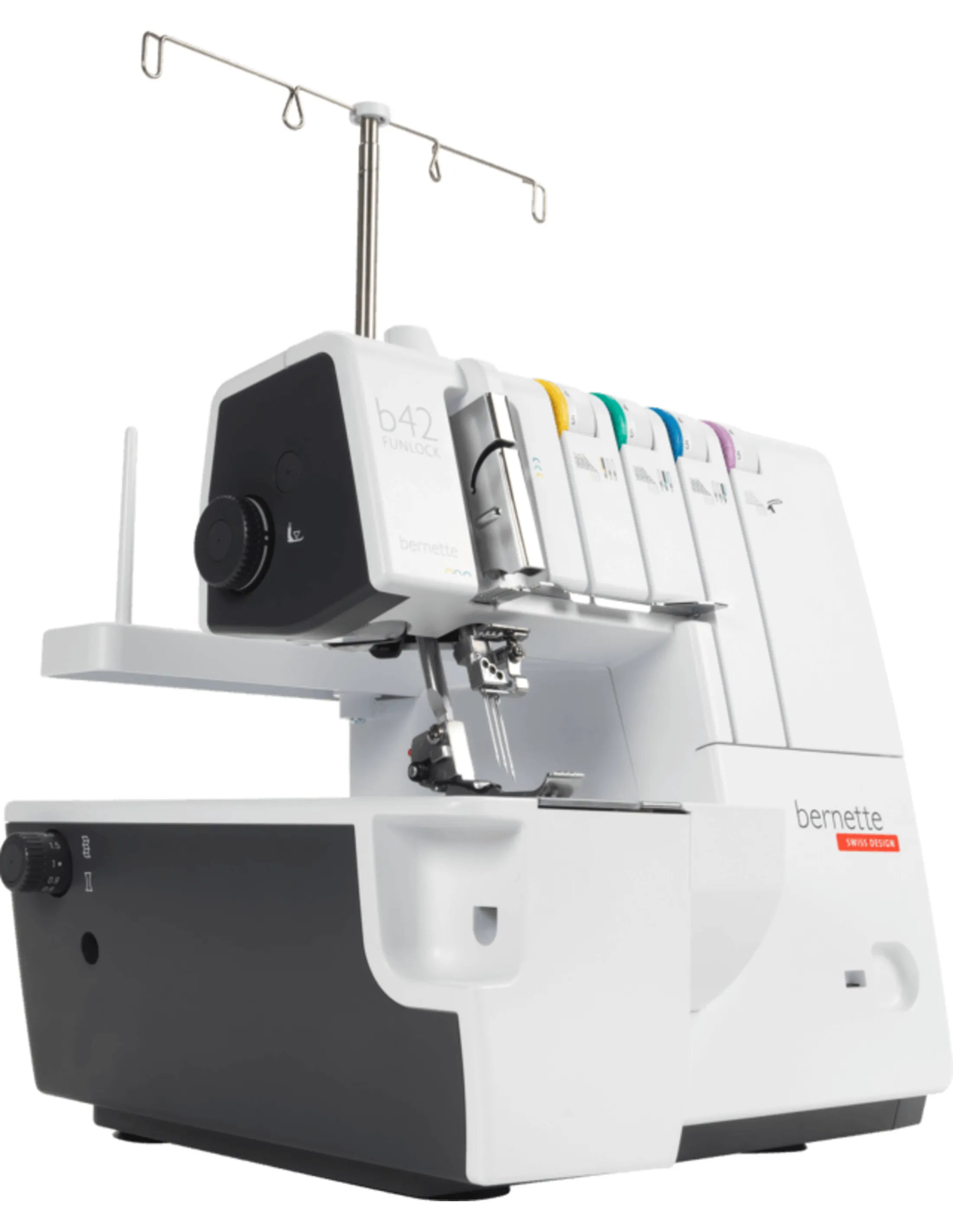 White and gray Bernette serger. It has several colored thread guides and a needle. 