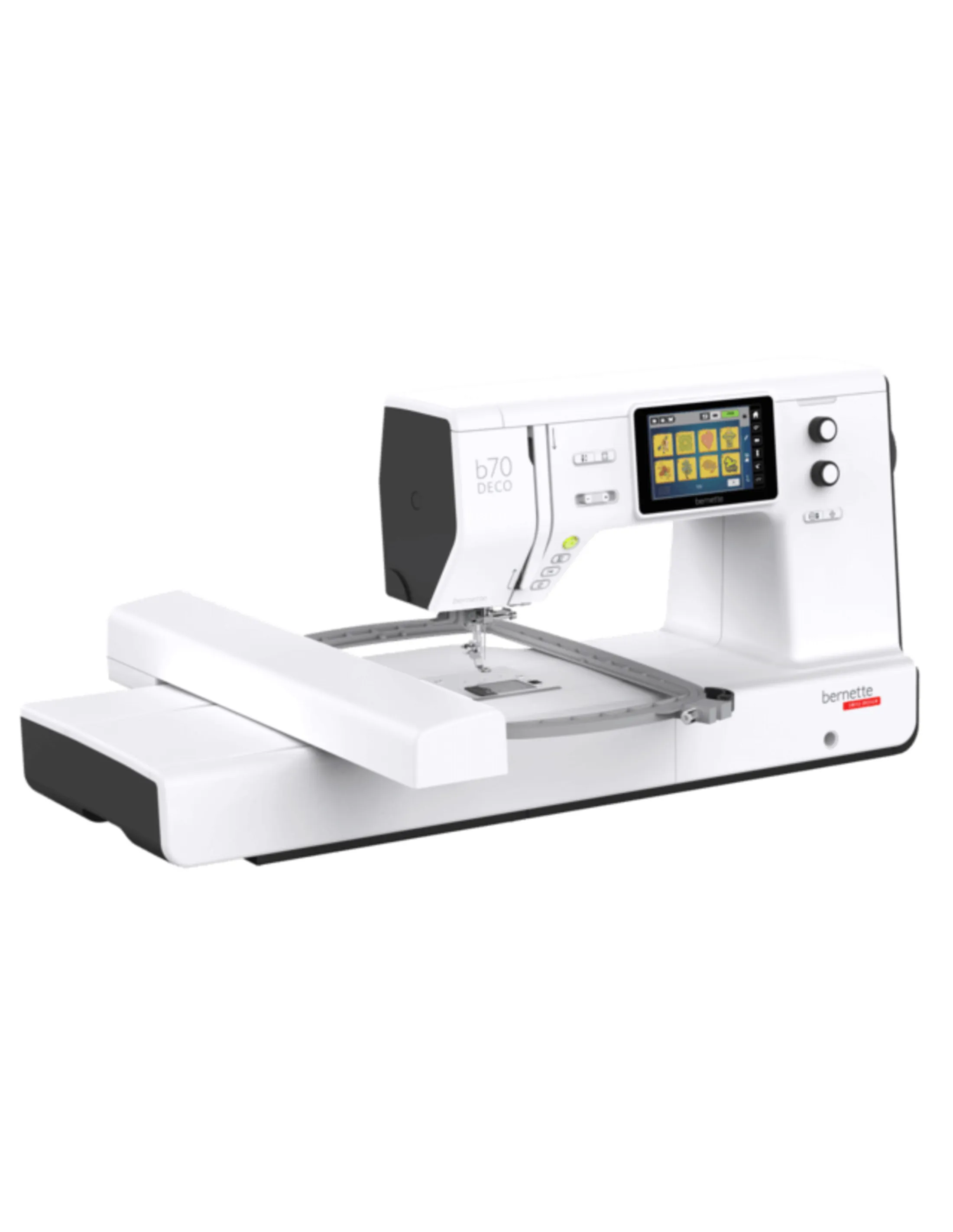 Weiße Bernette b70 deco Stickmaschine mit Touchscreen.
