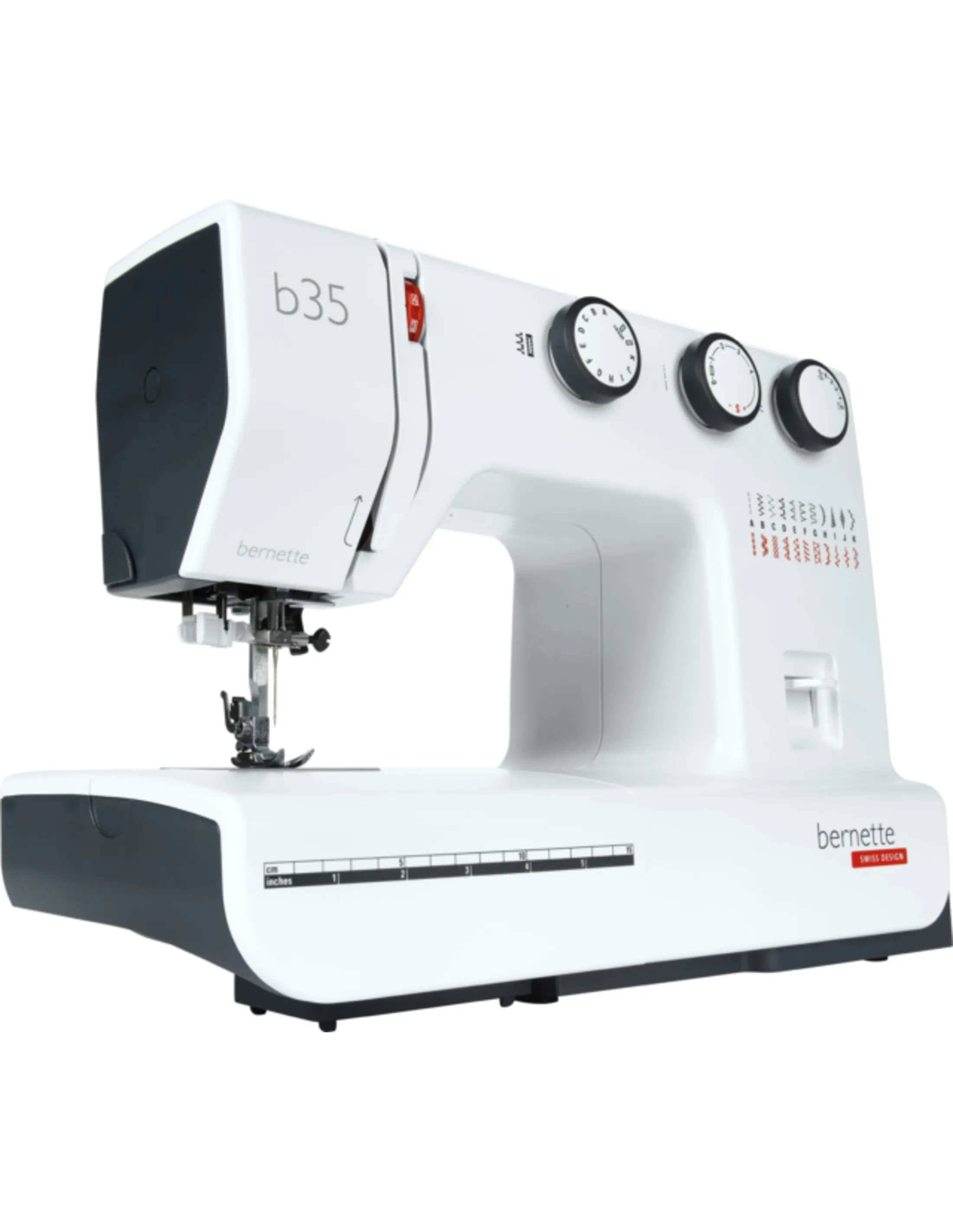 White sewing machine with black accents. Features dials, a needle, and the brand name "bernette". Swiss design.