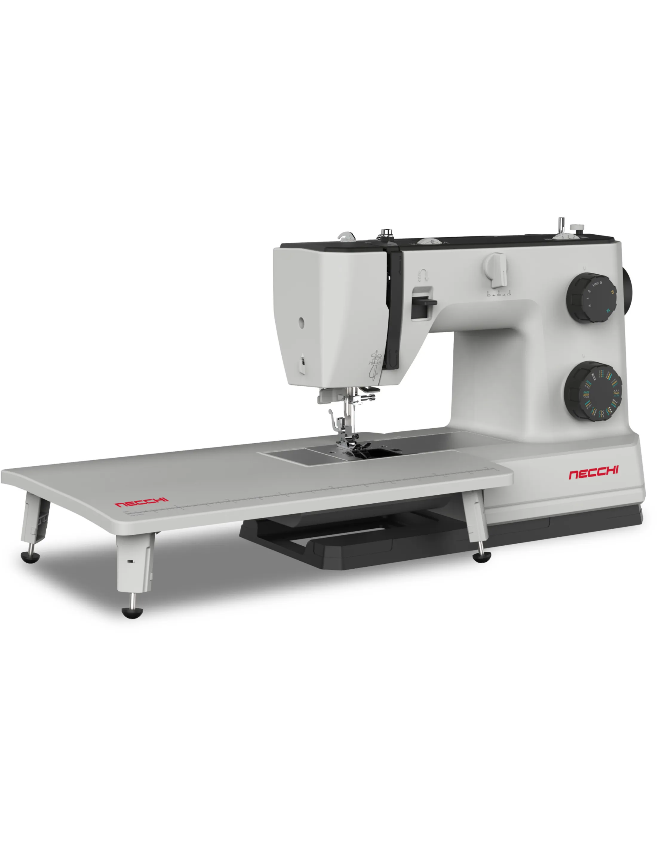 A white Necchi sewing machine with an extended table.