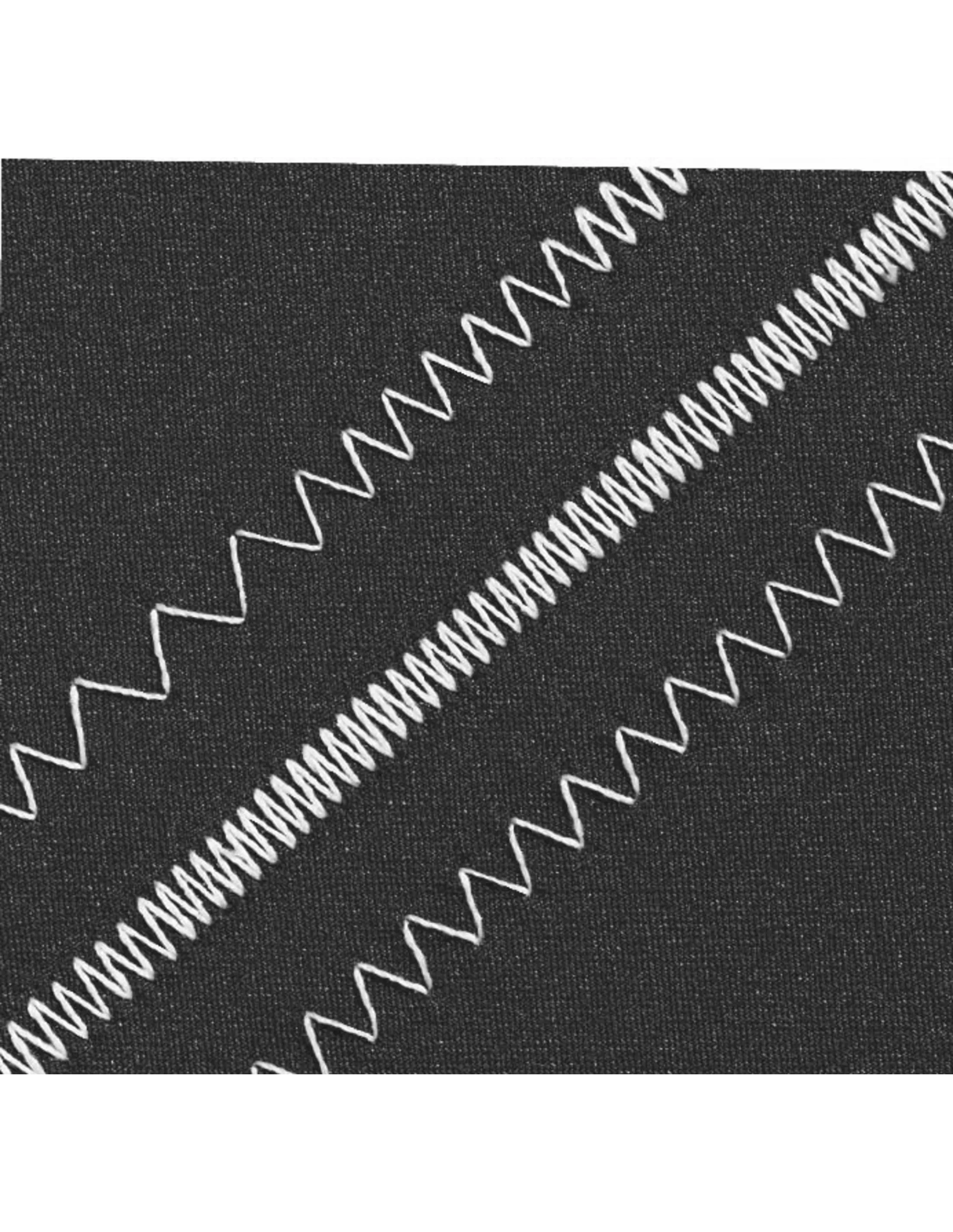 Close-up of stitching samples on a black fabric, showing various stitch patterns in white thread.