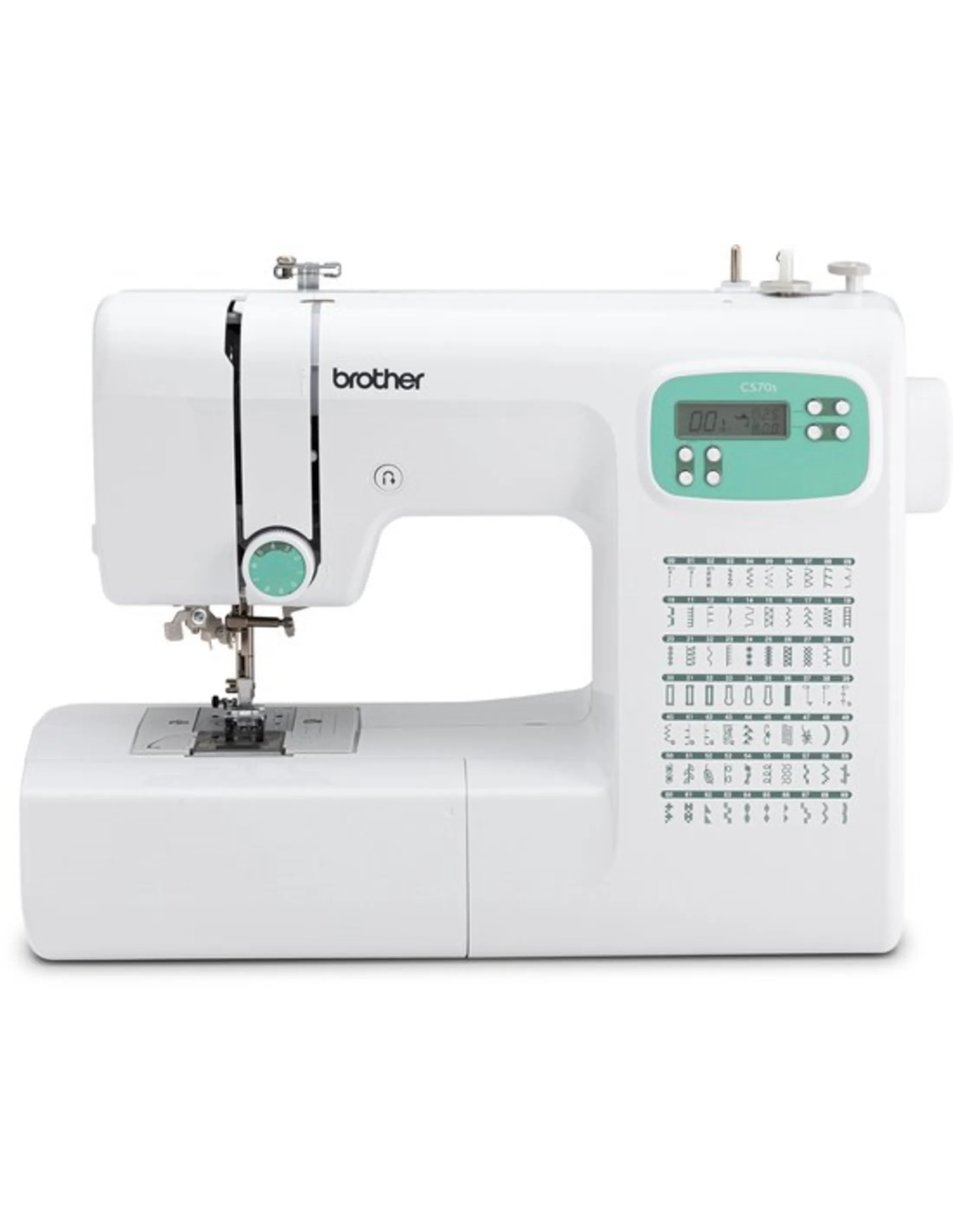 Une machine à coudre Brother blanche avec un panneau de commande vert menthe et un affichage numérique. Fond blanc.