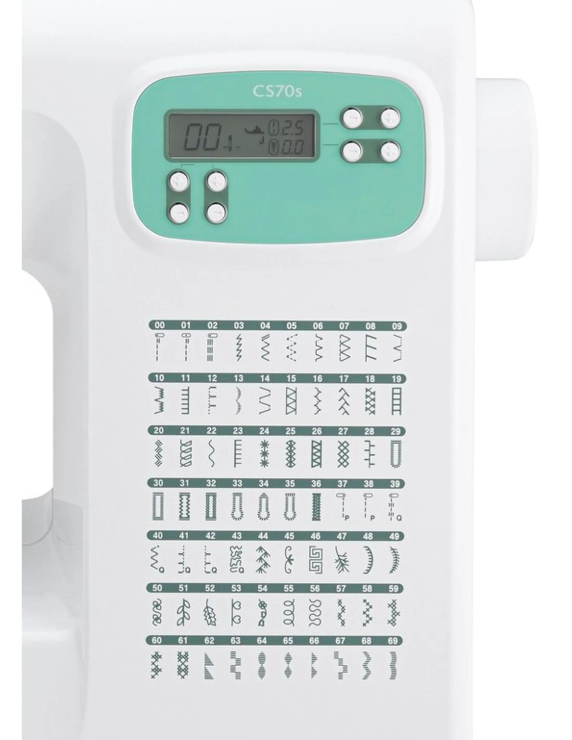 Gros plan d'une machine à coudre blanche avec un écran vert affichant des chiffres et des motifs.