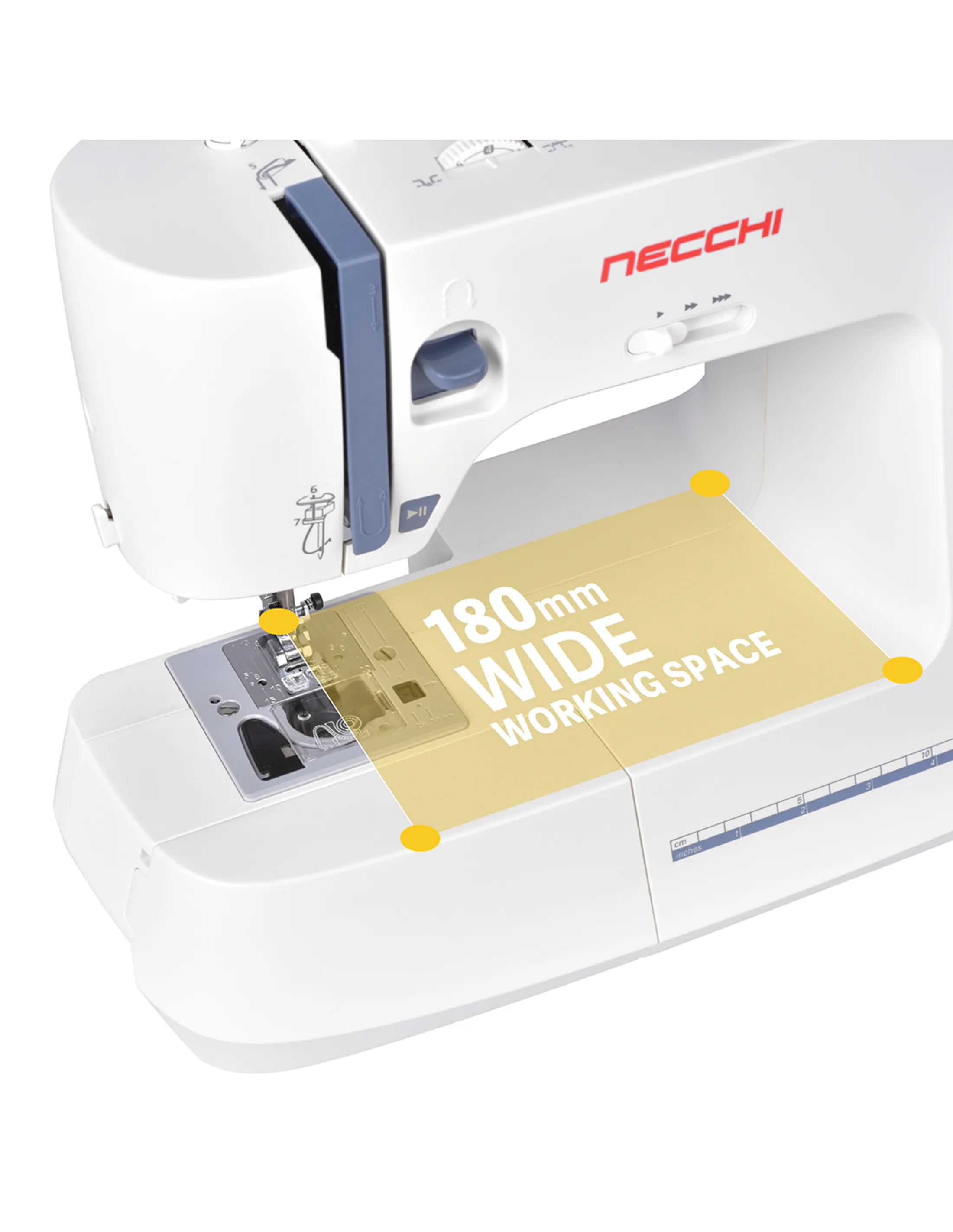 A white Necchi sewing machine, with a yellow highlighted working space.