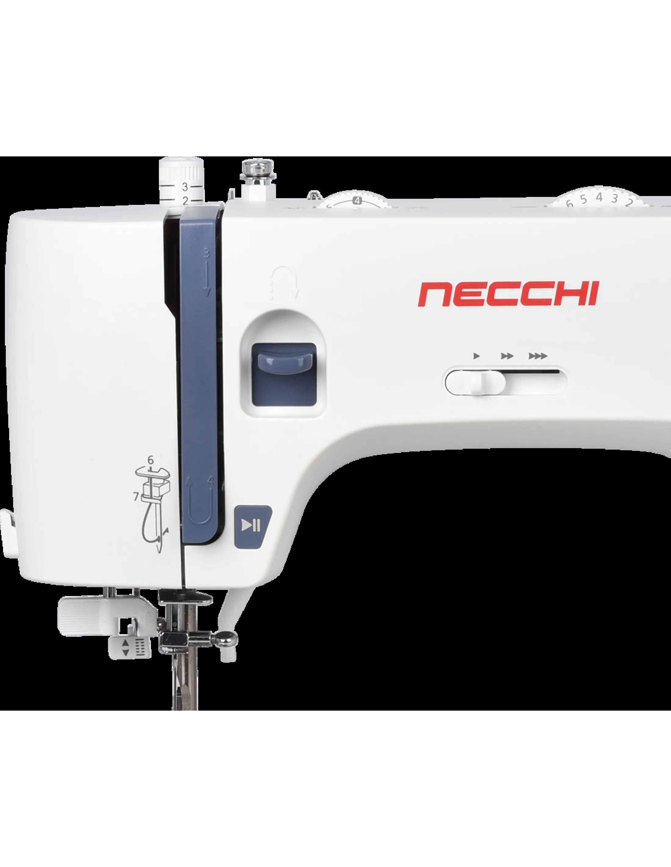 Close-up of a white Necchi sewing machine's front, showing dials, buttons, and the logo.