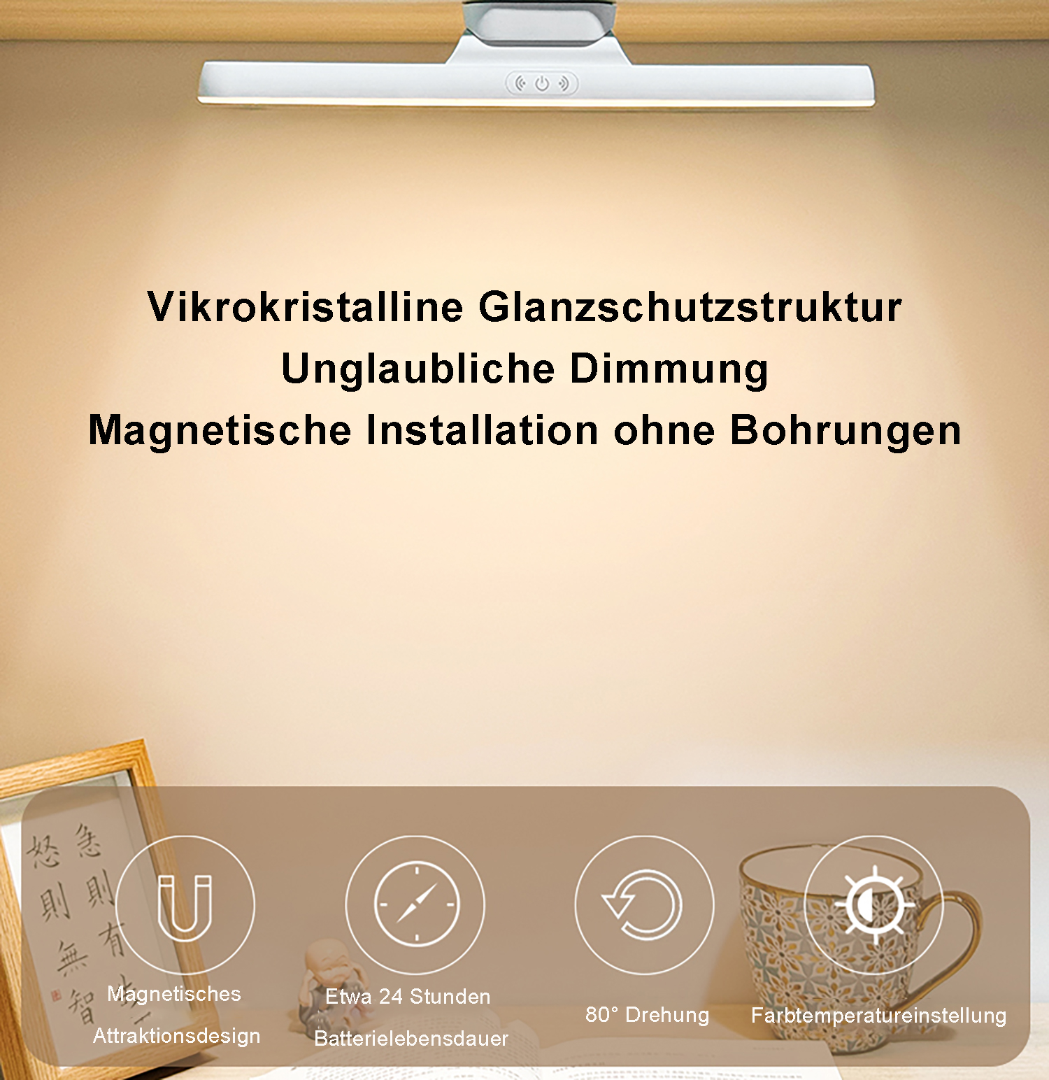 Eine Leuchte befindet sich über einem Schreibtisch mit verschiedenen Symbolen, die sich auf Funktionen wie magnetisches Design und Akkulaufzeit beziehen.