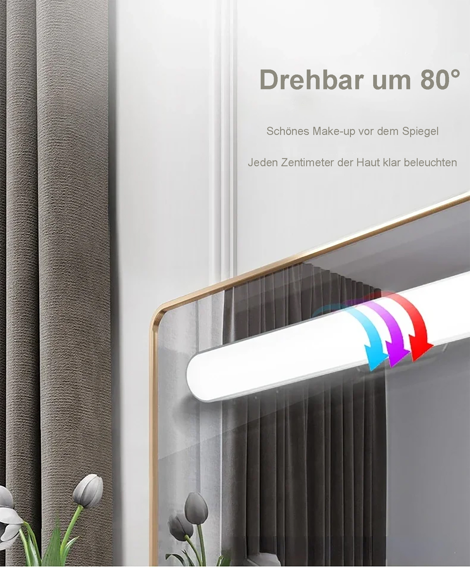 Ein Spiegel mit Licht, Text auf Deutsch und ein grauer Vorhang.