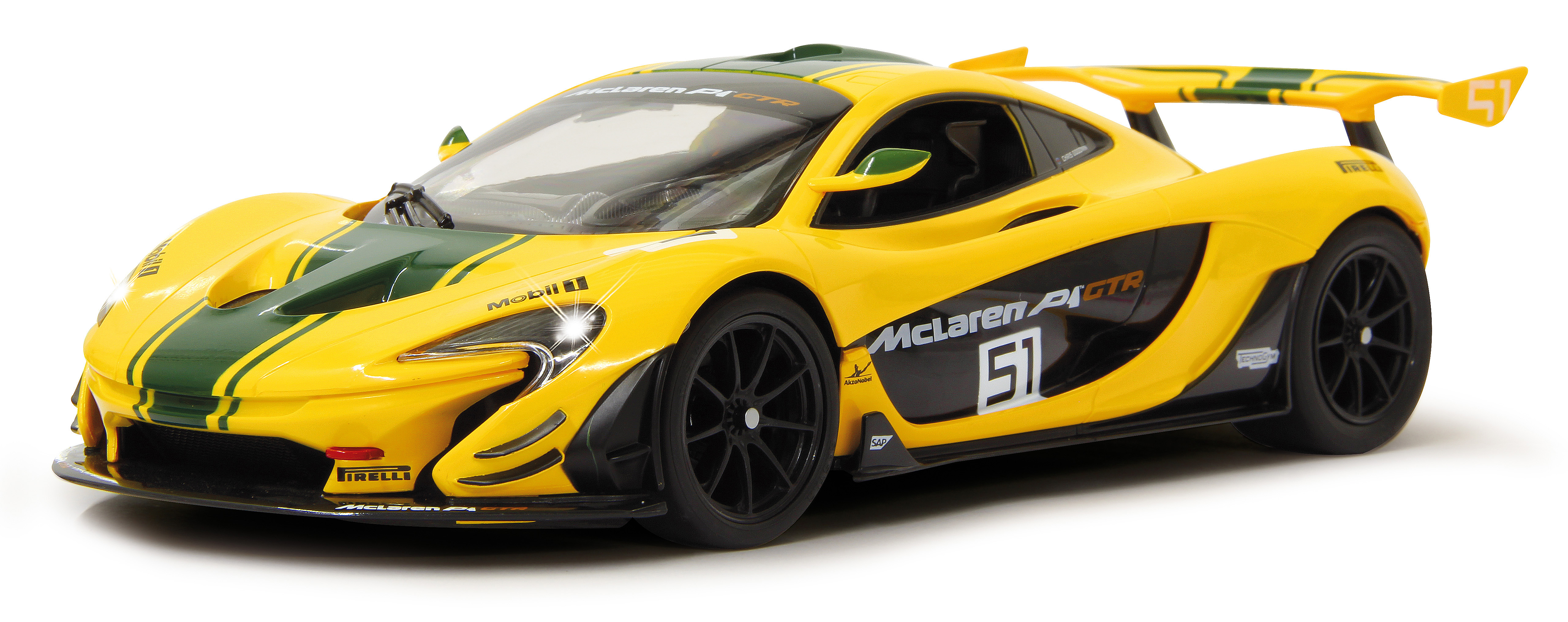 Ein gelber McLaren P1 GTR Rennwagen auf weißem Hintergrund, der seine Details zeigt.