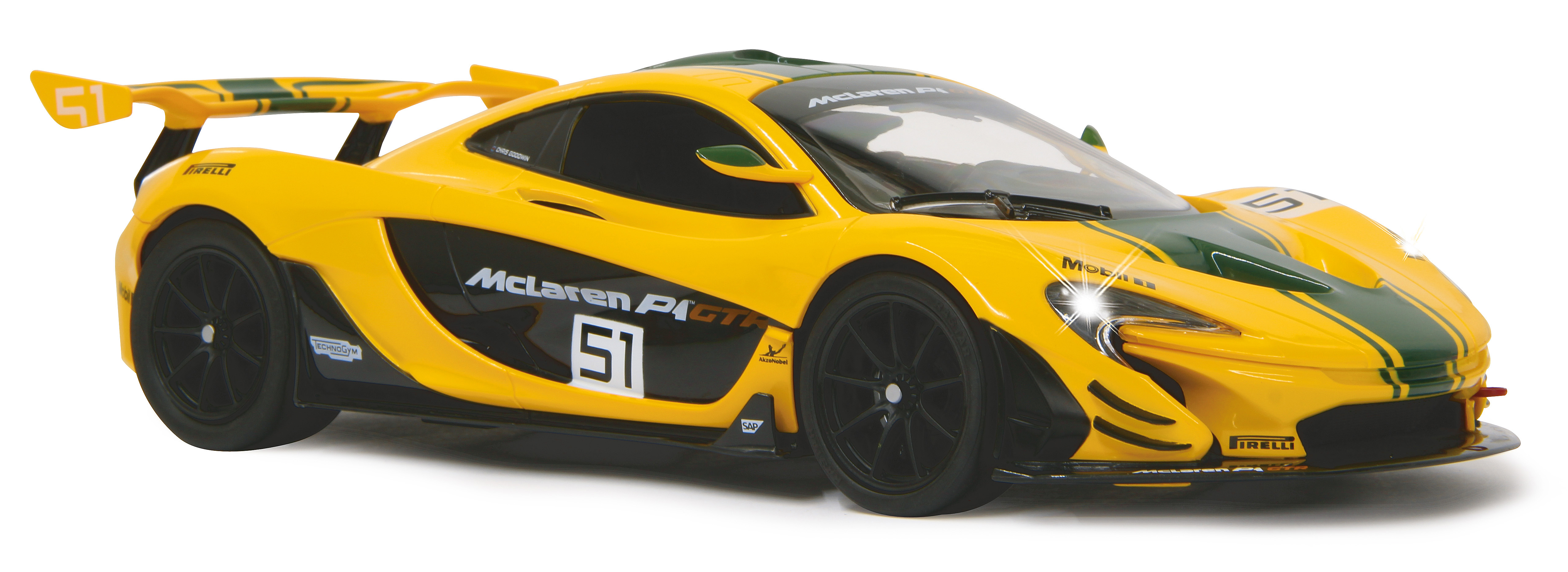 Ein gelber McLaren P1 GTR Rennwagen mit schwarzen Rädern und grünen Akzenten, vor weißem Hintergrund.