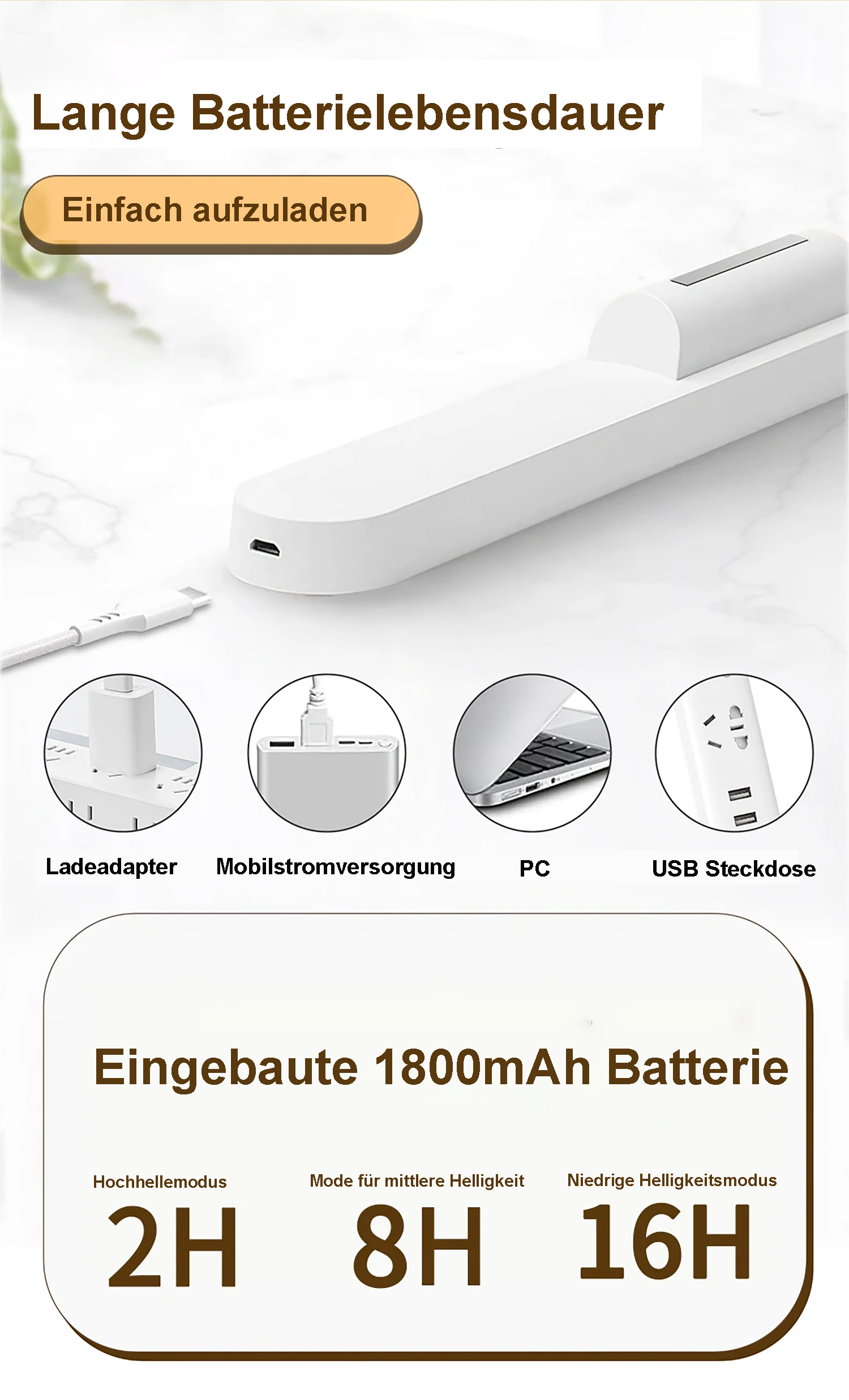 Ein Bild mit einer weißen Leuchte mit einem Ladekabel und verschiedenen Lademöglichkeiten.