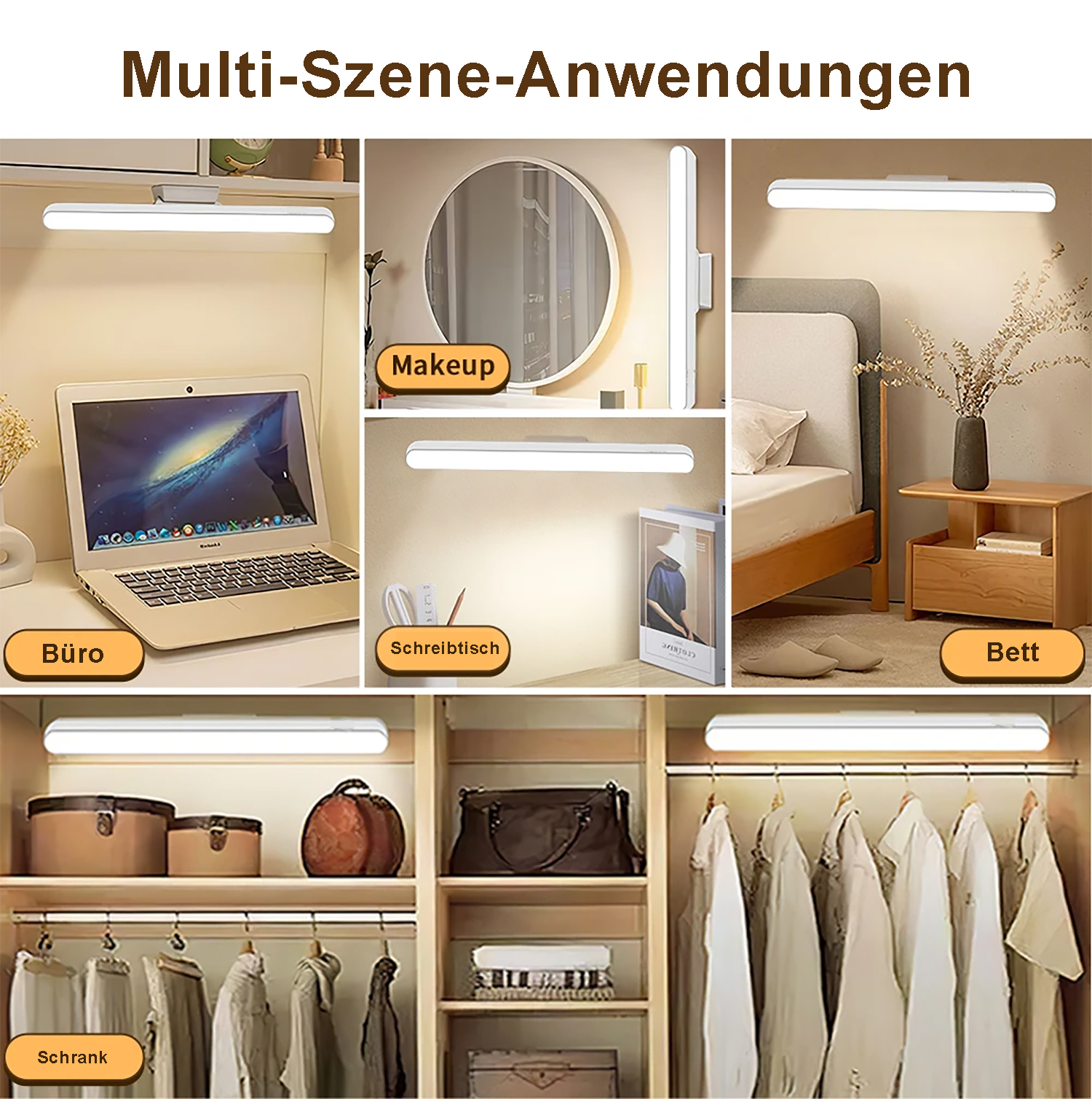 Collage, der das Licht in verschiedenen Umgebungen zeigt, wie einem Schreibtisch, einem Spiegel, einem Bett, einem Laptop und einem Kleiderschrank.