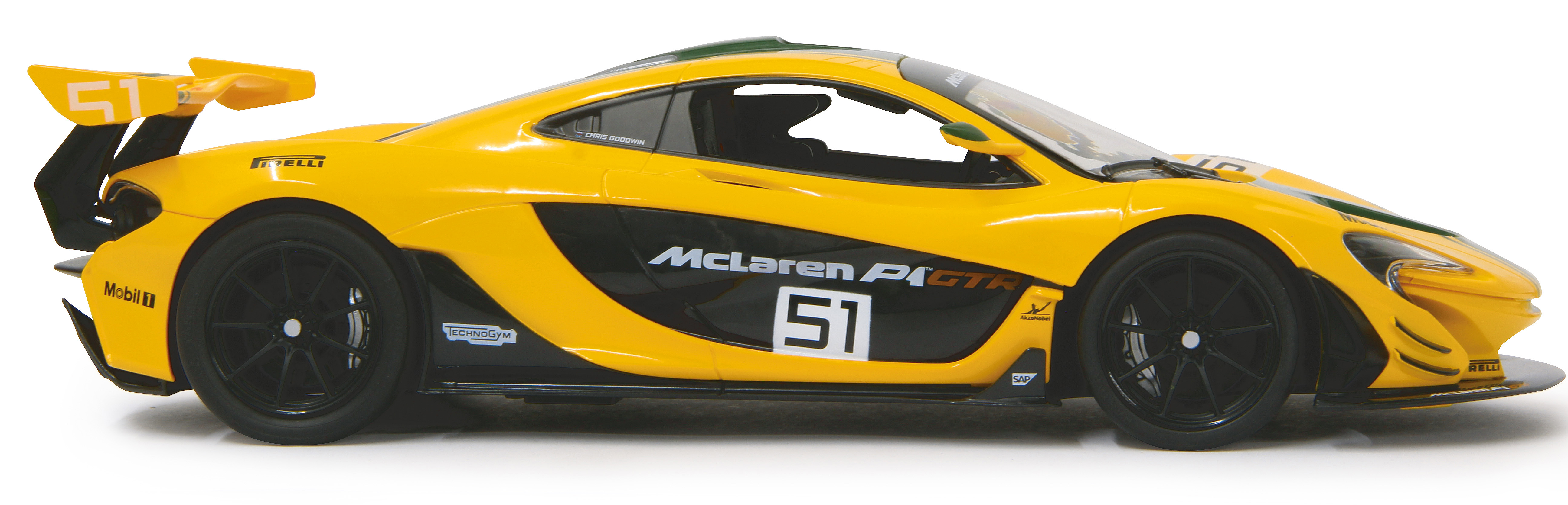 Gelbes McLaren P1 GTR-Rennwagen mit schwarzen Rädern, weißen Akzenten und der Nummer 51. Ein grüner Streifen befindet sich auf dem Dach.