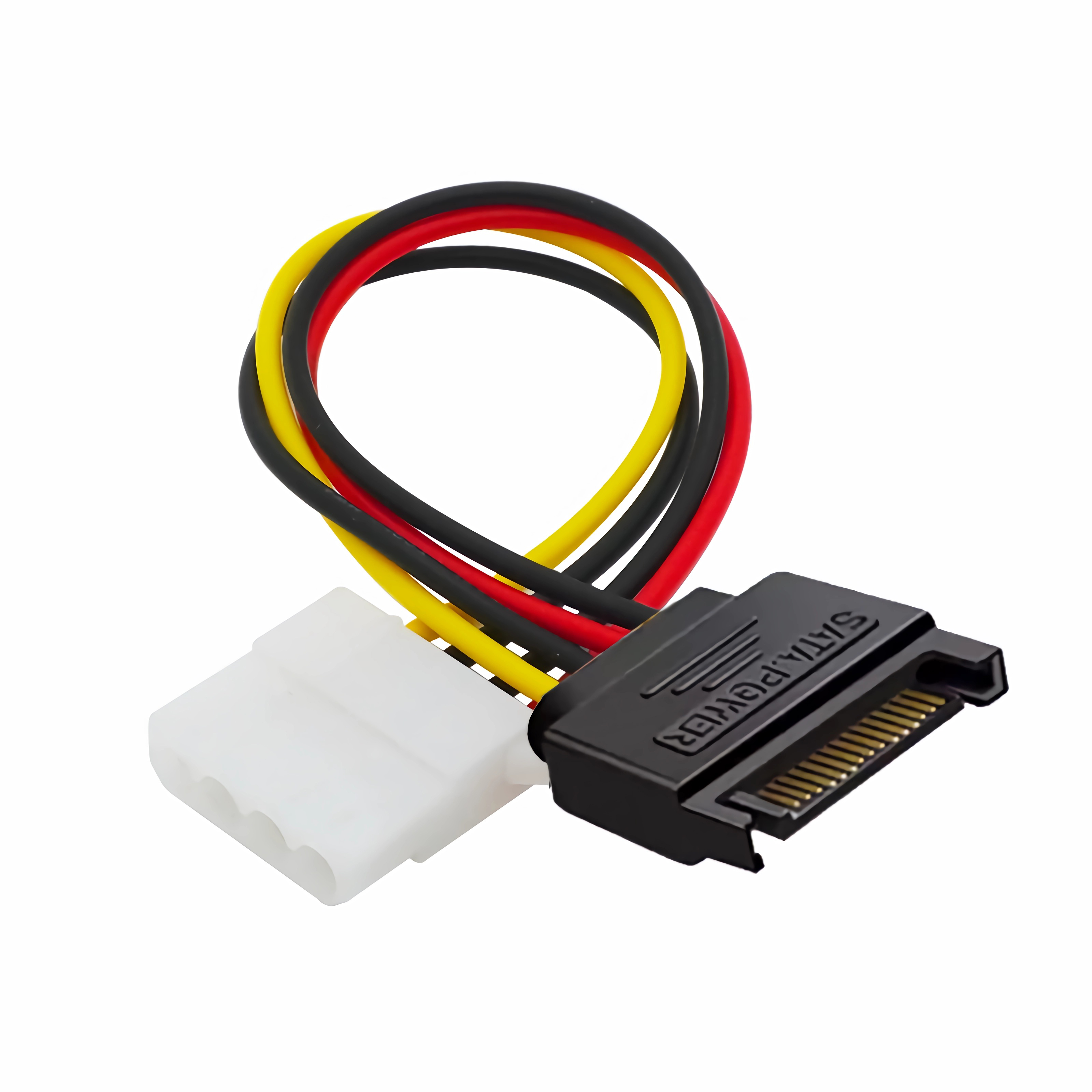 SATA-Netzteiladapter mit drei farbigen Drähten (rot, gelb, schwarz) und zwei Anschlüssen, Drähte gebogen.