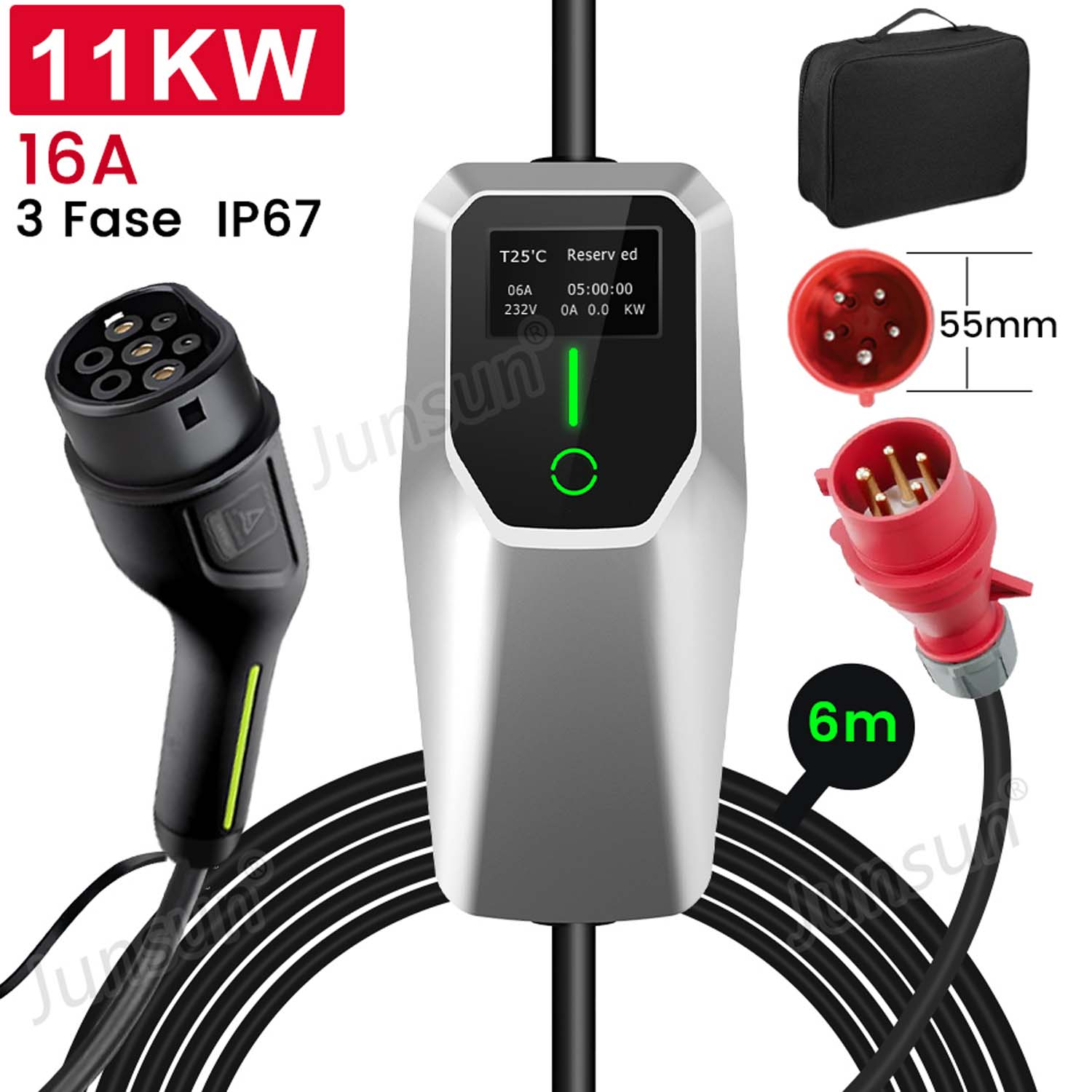 Kit de cargador EV, incluye una estación de carga, varios conectores y un cable negro.