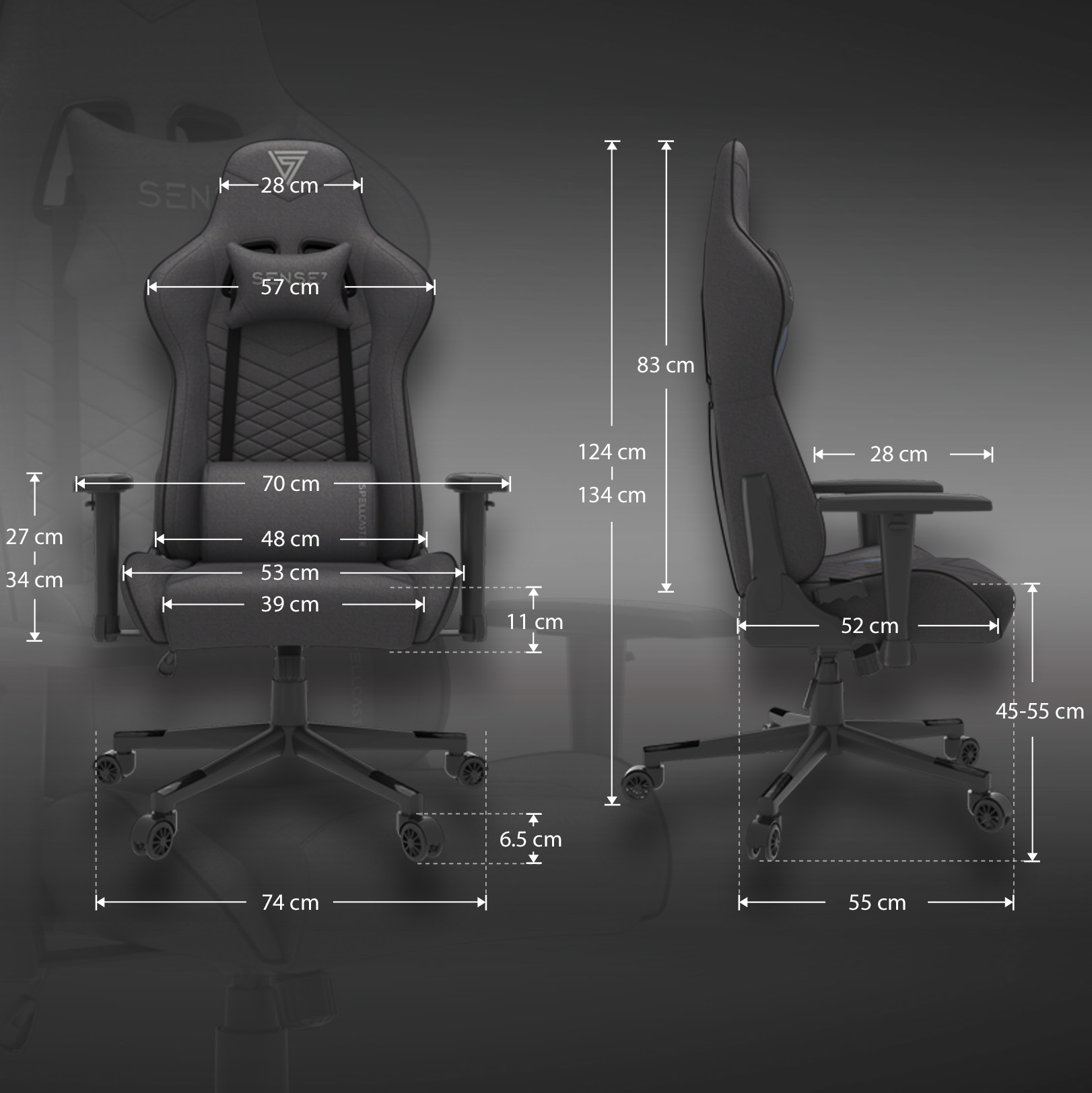 Gaming-Stuhl mit beschrifteten Abmessungen, Seiten- und Frontansicht.