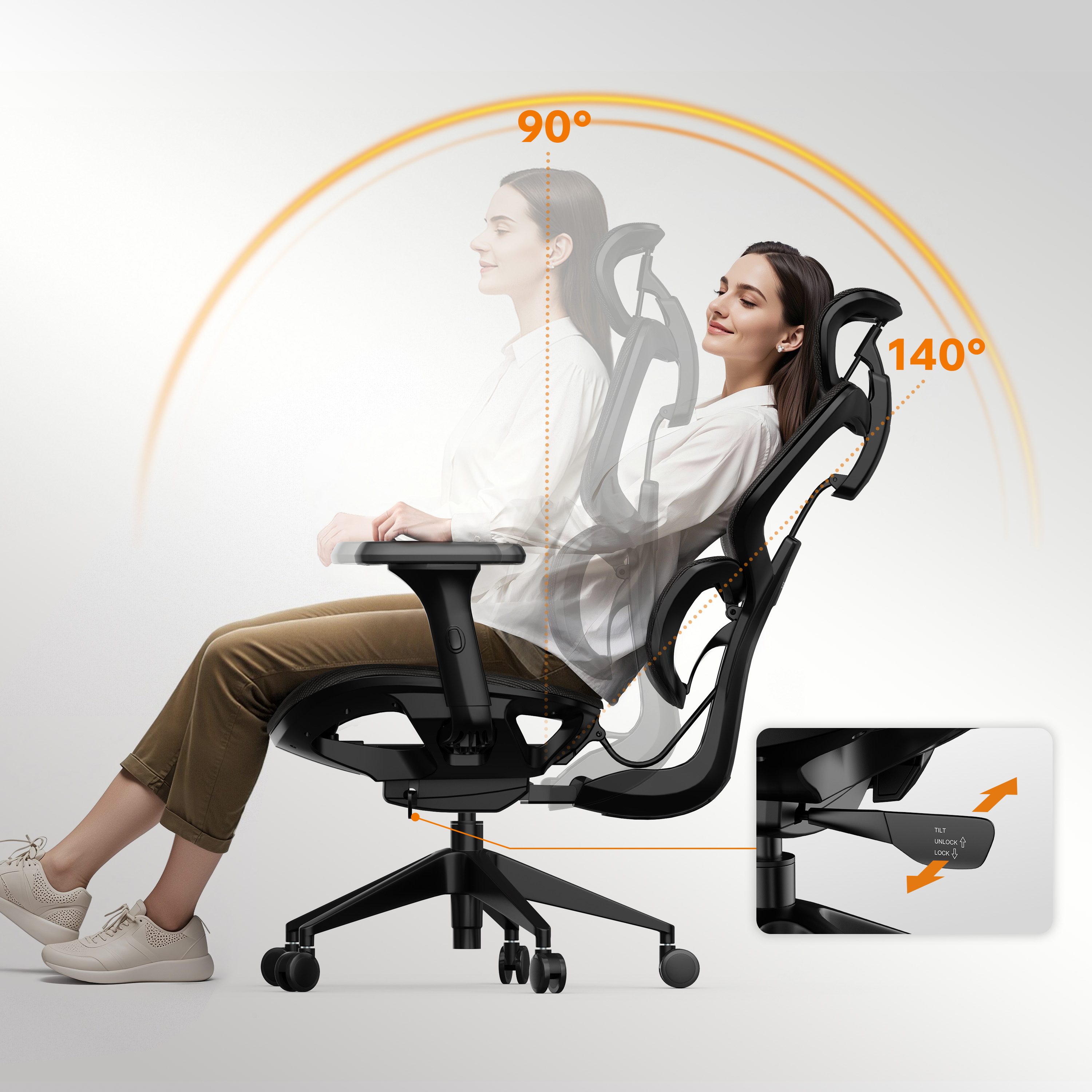 Vrouw zit in een zwarte ergonomische stoel, verschillende hoeken en aanpassingen worden getoond.