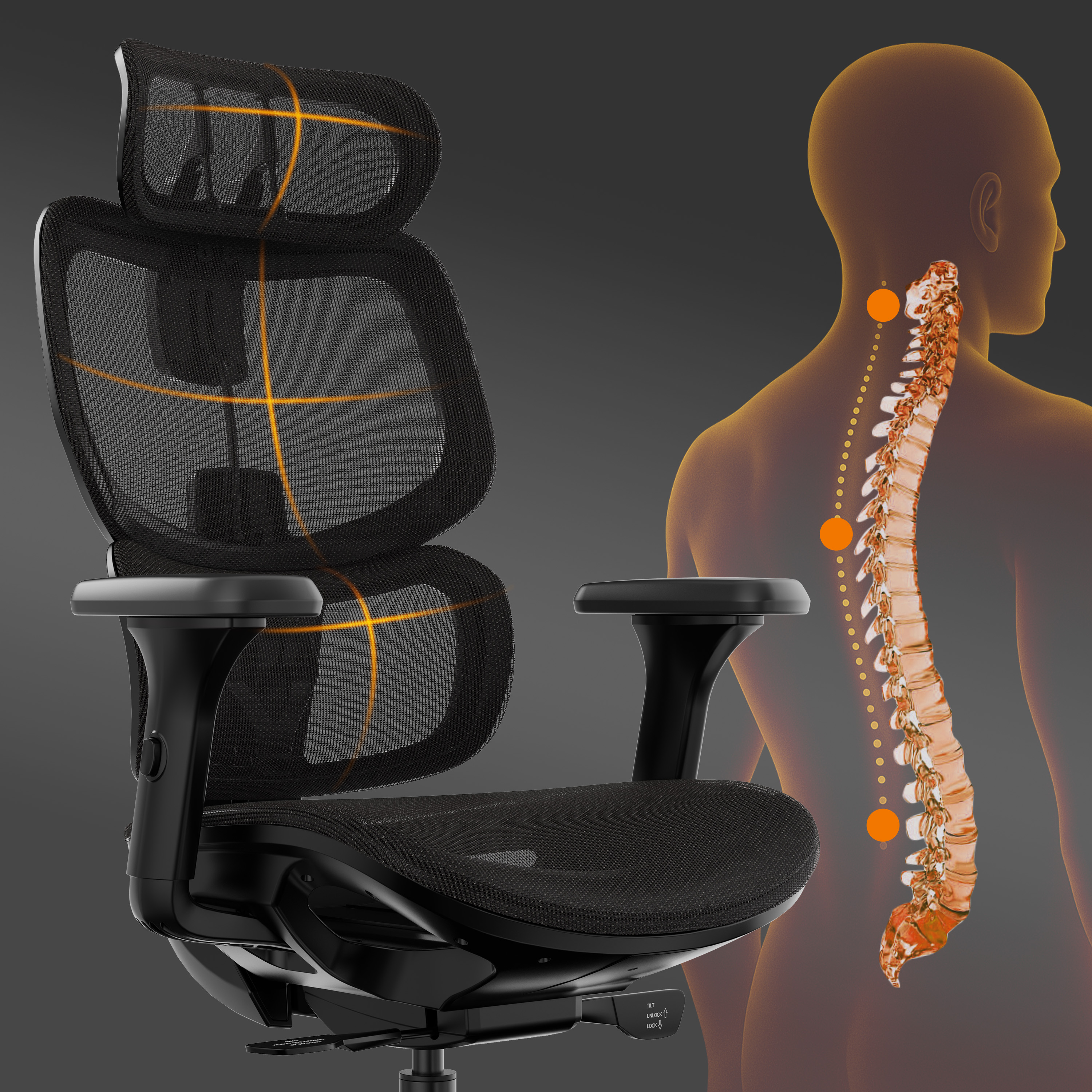 Schwarzer ergonomischer Stuhl mit Netzrücken und Kopfstütze, menschliche Wirbelsäule im Hintergrund.