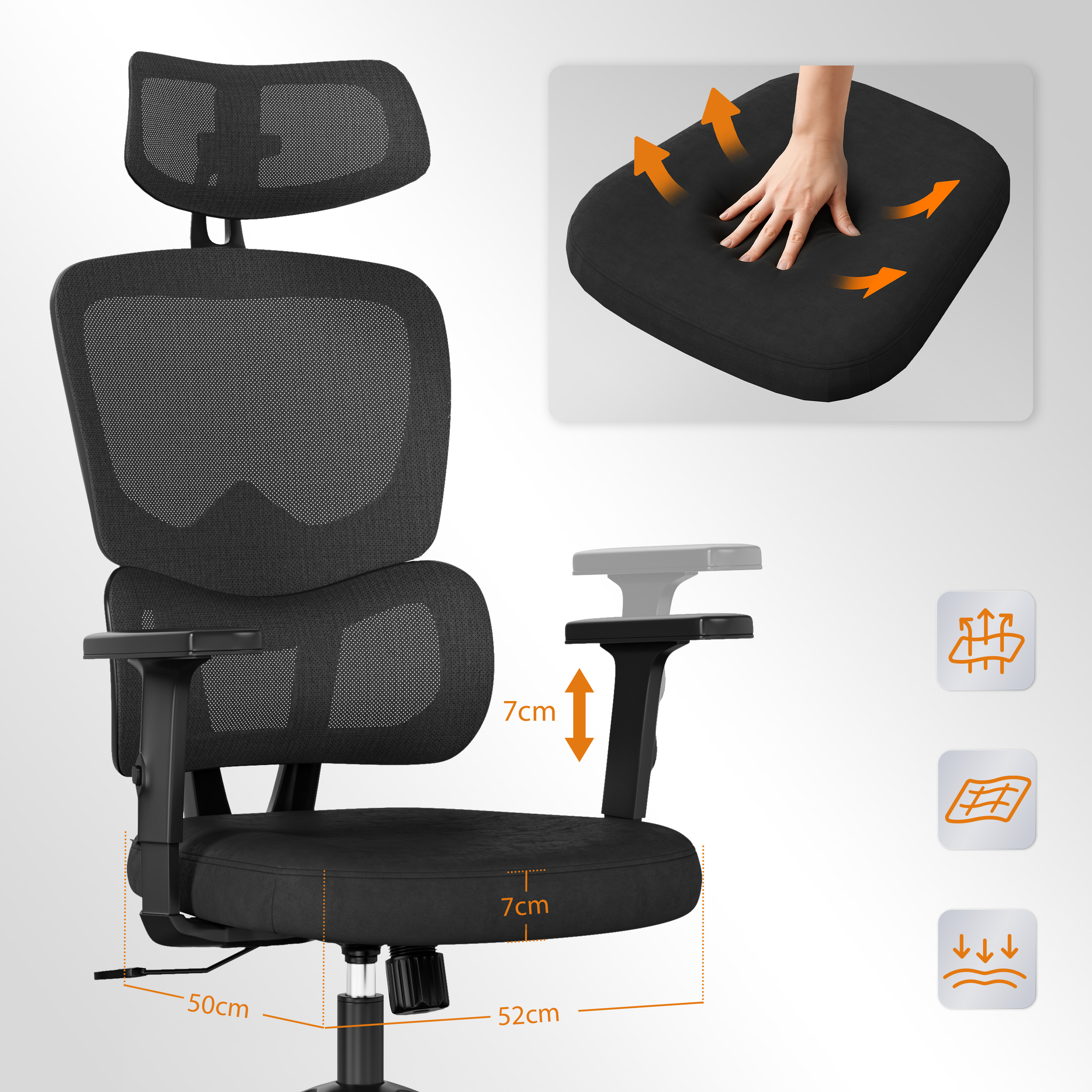 Silla de oficina negra con reposabrazos y asiento ajustables, mostrando dimensiones y características de confort.