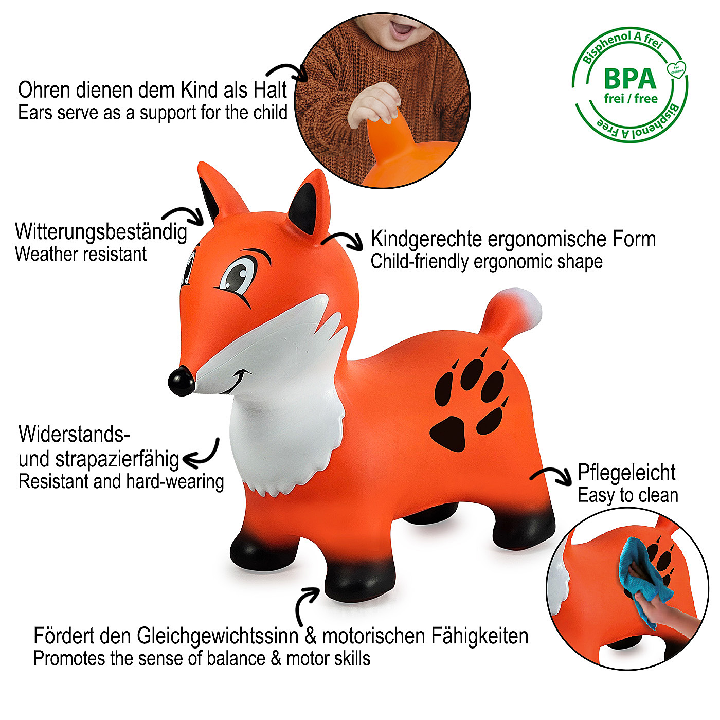 Oranges Fuchspielzeug mit schwarzen Flecken und weißer Brust. Zu den Merkmalen gehören Ohren, ein Schwanz und Pfotenabdrücke.