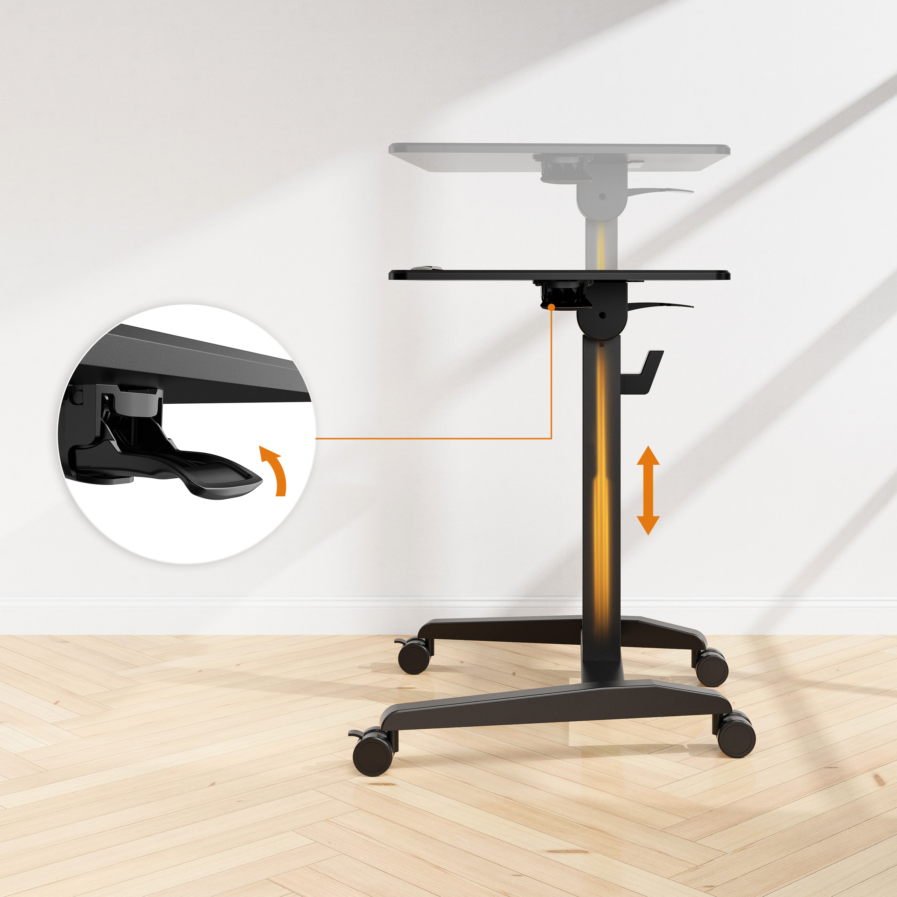 Schwarzer, verstellbarer Schreibtisch mit Rädern, Seitenansicht. Zeigt den Verstellmechanismus und die Radarretierung. Orange Pfeile.